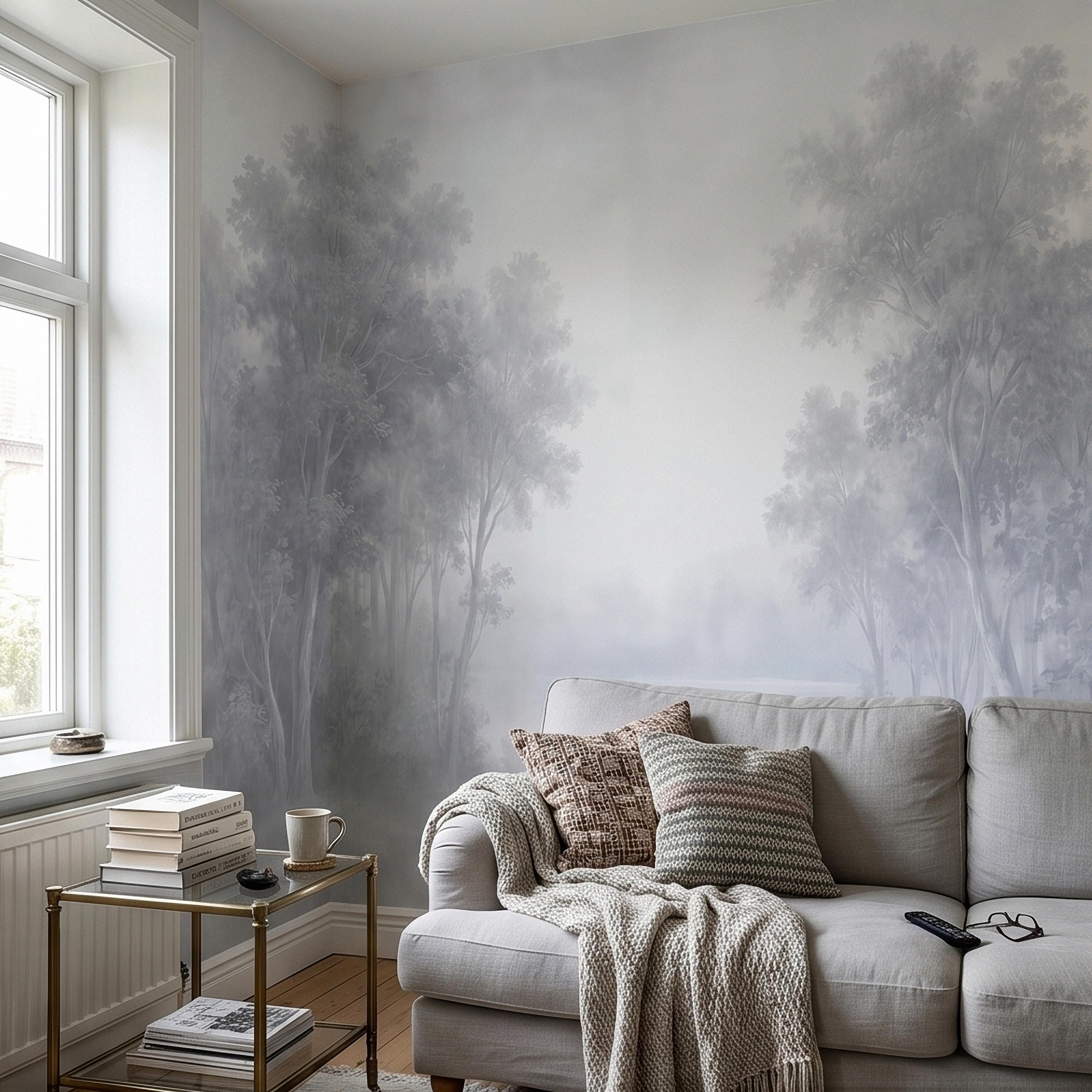 Misty Forest Peel and Stick Wall Mural, Soft Gray Foggy Woodland Trees Minimal Scandinavian Neutral Landscape, Ethereal Monochrome Wallpaper