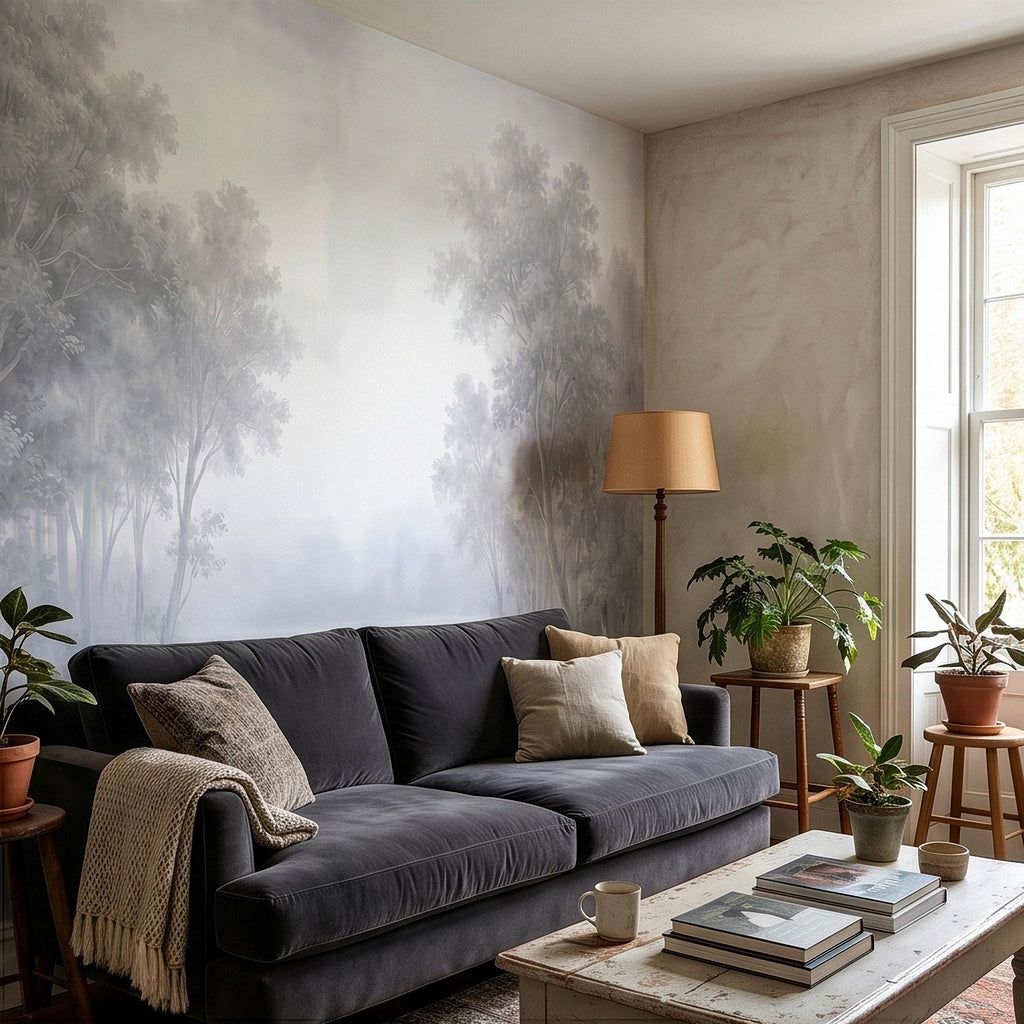 Misty Forest Peel and Stick Wall Mural, Soft Gray Foggy Woodland Trees Minimal Scandinavian Neutral Landscape, Ethereal Monochrome Wallpaper