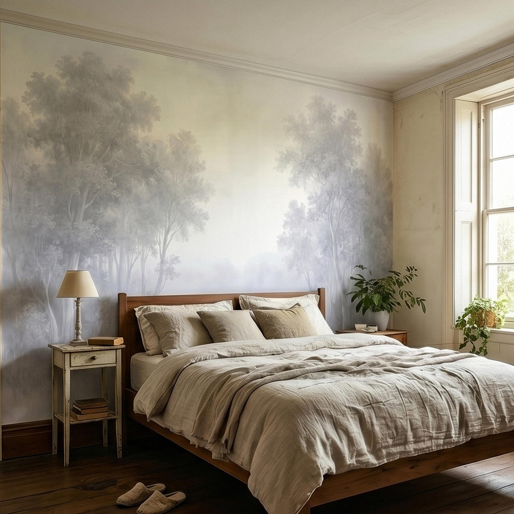 Misty Forest Peel and Stick Wall Mural, Soft Gray Foggy Woodland Trees Minimal Scandinavian Neutral Landscape, Ethereal Monochrome Wallpaper