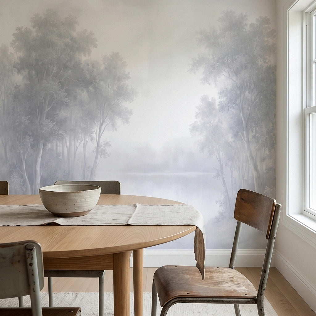 Misty Forest Peel and Stick Wall Mural, Soft Gray Foggy Woodland Trees Minimal Scandinavian Neutral Landscape, Ethereal Monochrome Wallpaper