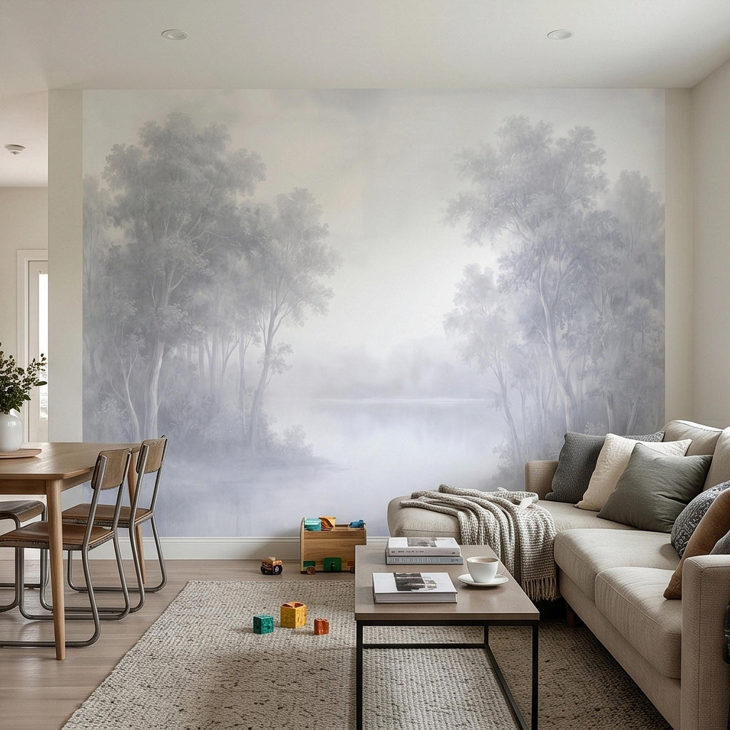 Misty Forest Peel and Stick Wall Mural, Soft Gray Foggy Woodland Trees Minimal Scandinavian Neutral Landscape, Ethereal Monochrome Wallpaper