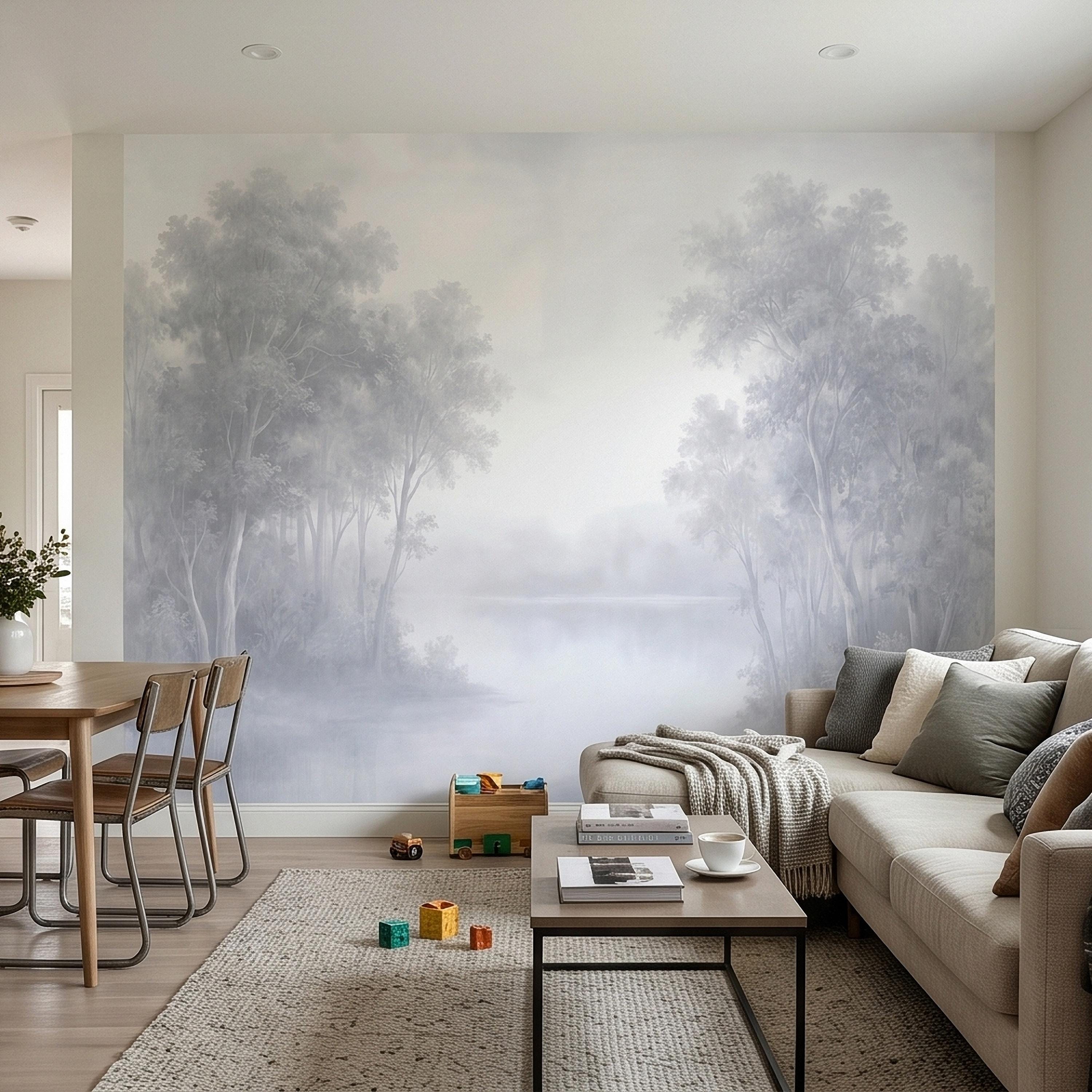 Misty Forest Peel and Stick Wall Mural, Soft Gray Foggy Woodland Trees Minimal Scandinavian Neutral Landscape, Ethereal Monochrome Wallpaper
