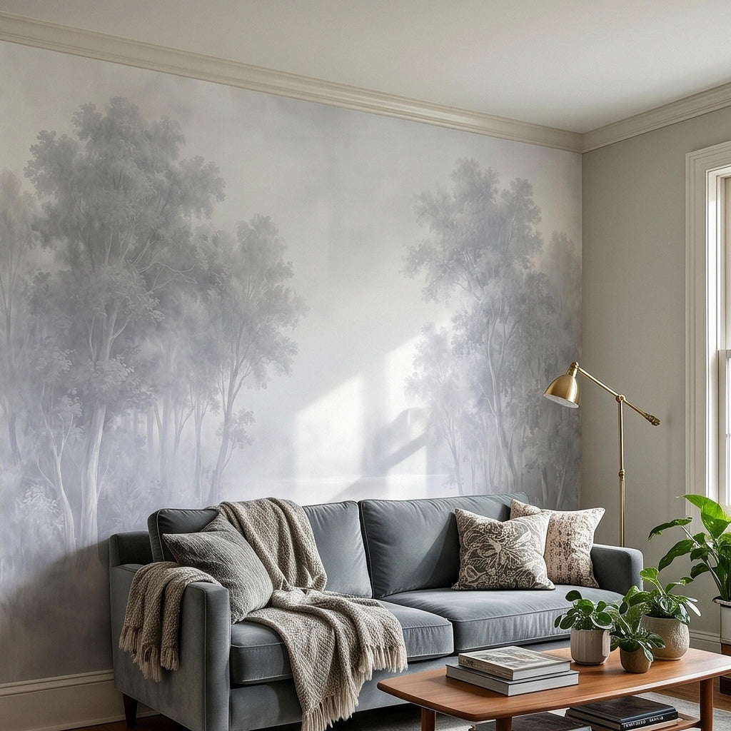 Misty Forest Peel and Stick Wall Mural, Soft Gray Foggy Woodland Trees Minimal Scandinavian Neutral Landscape, Ethereal Monochrome Wallpaper