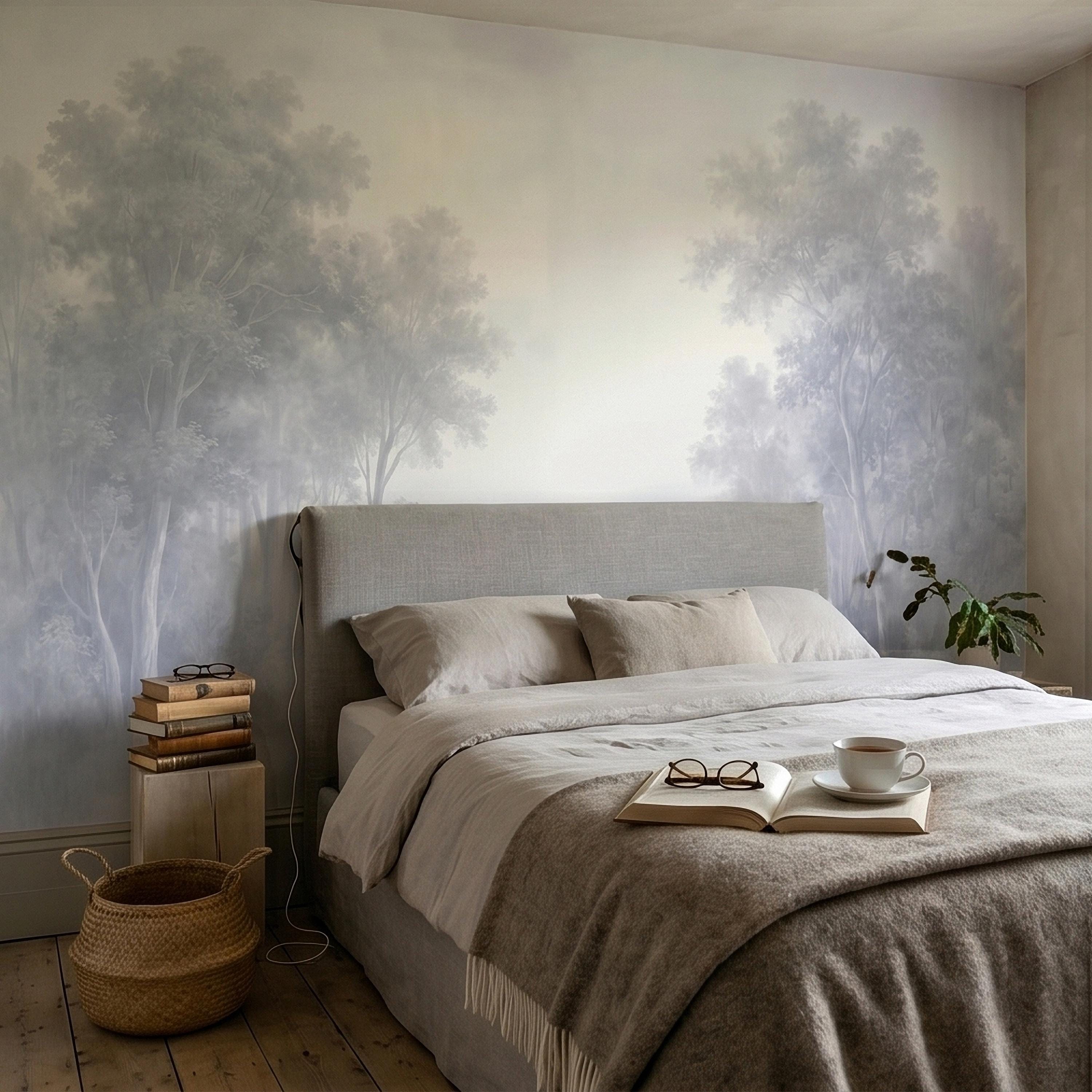 Misty Forest Peel and Stick Wall Mural, Soft Gray Foggy Woodland Trees Minimal Scandinavian Neutral Landscape, Ethereal Monochrome Wallpaper