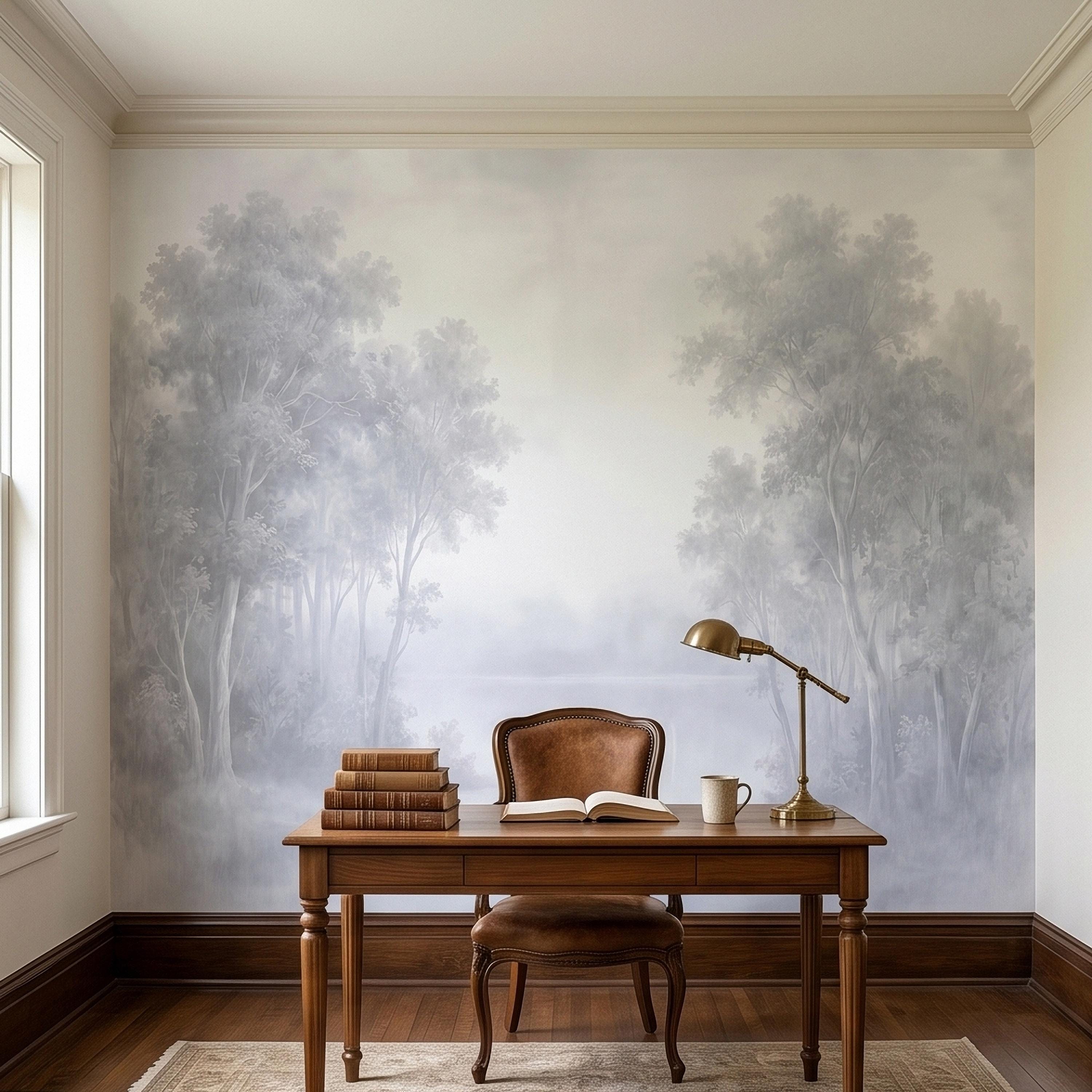 Misty Forest Peel and Stick Wall Mural, Soft Gray Foggy Woodland Trees Minimal Scandinavian Neutral Landscape, Ethereal Monochrome Wallpaper