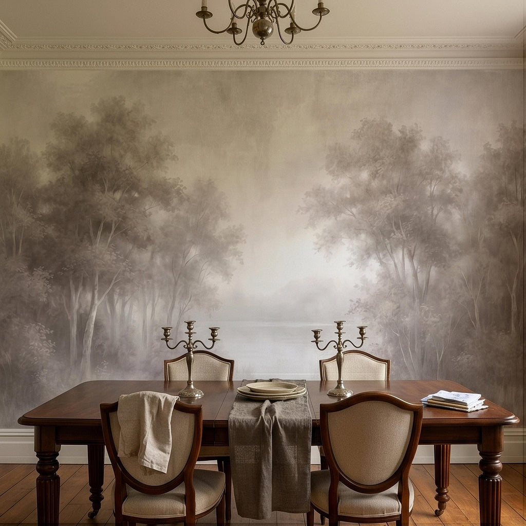 Misty Forest Peel and Stick Wall Mural, Soft Neutral Foggy Trees Landscape, Minimal Scandinavian Woodland, Calm Monochrome Wallpaper