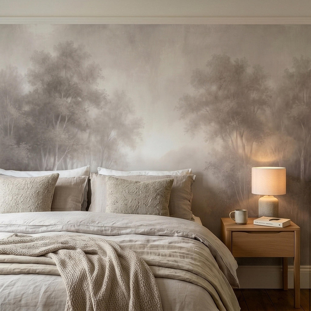 Misty Forest Peel and Stick Wall Mural, Soft Neutral Foggy Trees Landscape, Minimal Scandinavian Woodland, Calm Monochrome Wallpaper