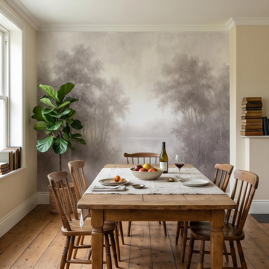 Misty Forest Peel and Stick Wall Mural, Soft Neutral Foggy Trees Landscape, Minimal Scandinavian Woodland, Calm Monochrome Wallpaper
