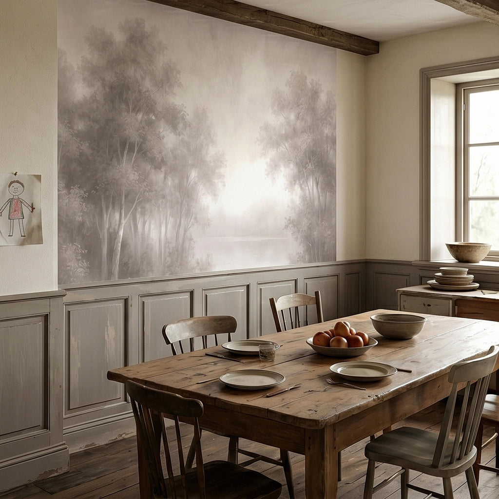 Misty Forest Peel and Stick Wall Mural, Soft Neutral Foggy Trees Landscape, Minimal Scandinavian Woodland, Calm Monochrome Wallpaper