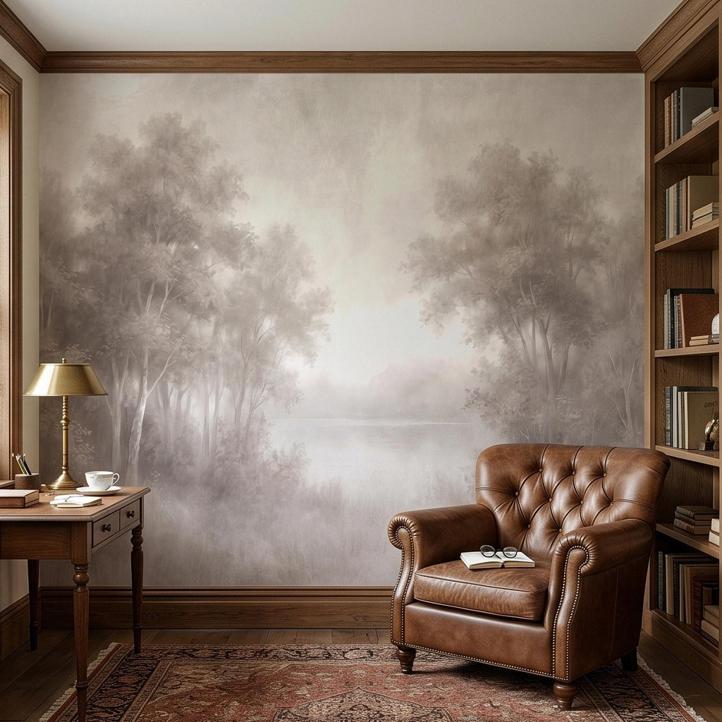 Misty Forest Peel and Stick Wall Mural, Soft Neutral Foggy Trees Landscape, Minimal Scandinavian Woodland, Calm Monochrome Wallpaper
