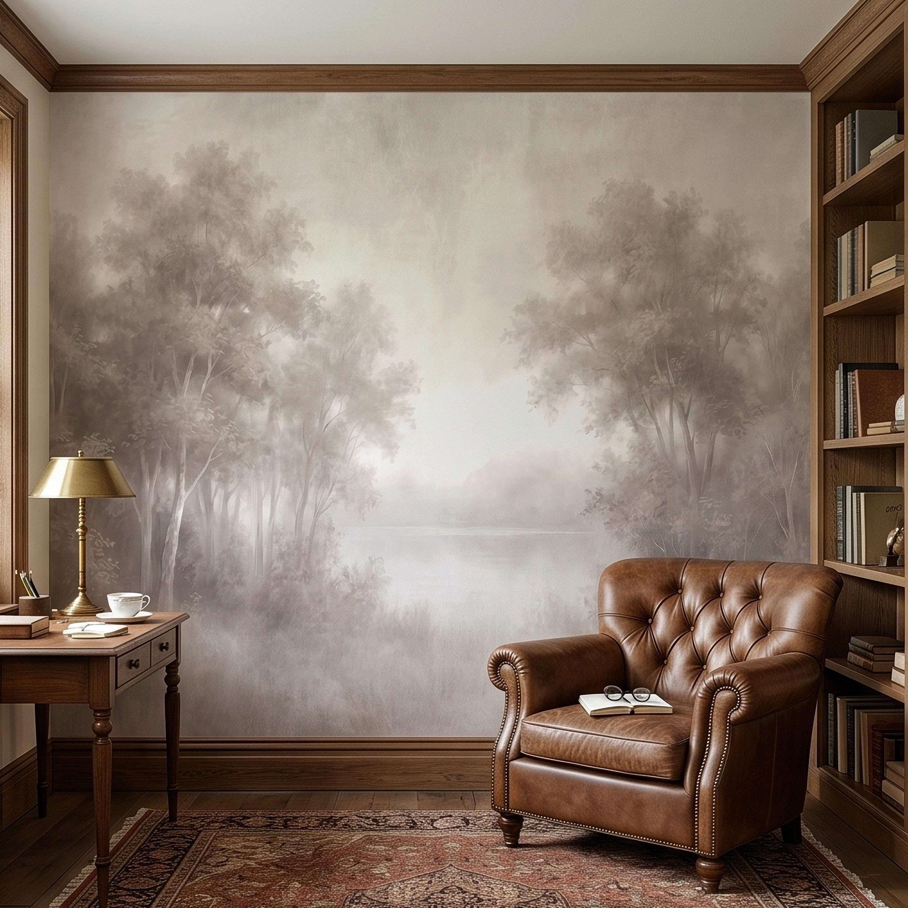 Misty Forest Peel and Stick Wall Mural, Soft Neutral Foggy Trees Landscape, Minimal Scandinavian Woodland, Calm Monochrome Wallpaper