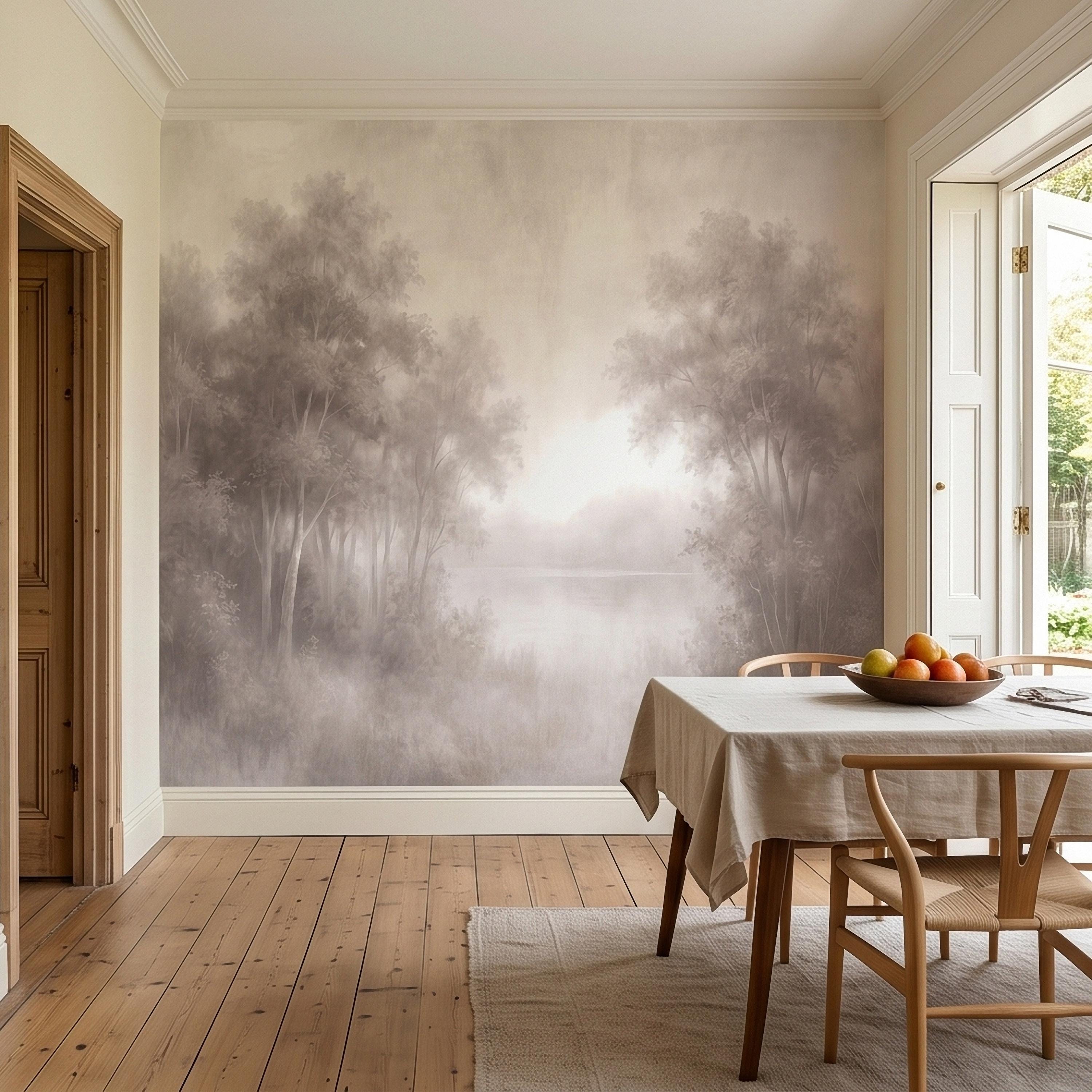 Misty Forest Peel and Stick Wall Mural, Soft Neutral Foggy Trees Landscape, Minimal Scandinavian Woodland, Calm Monochrome Wallpaper