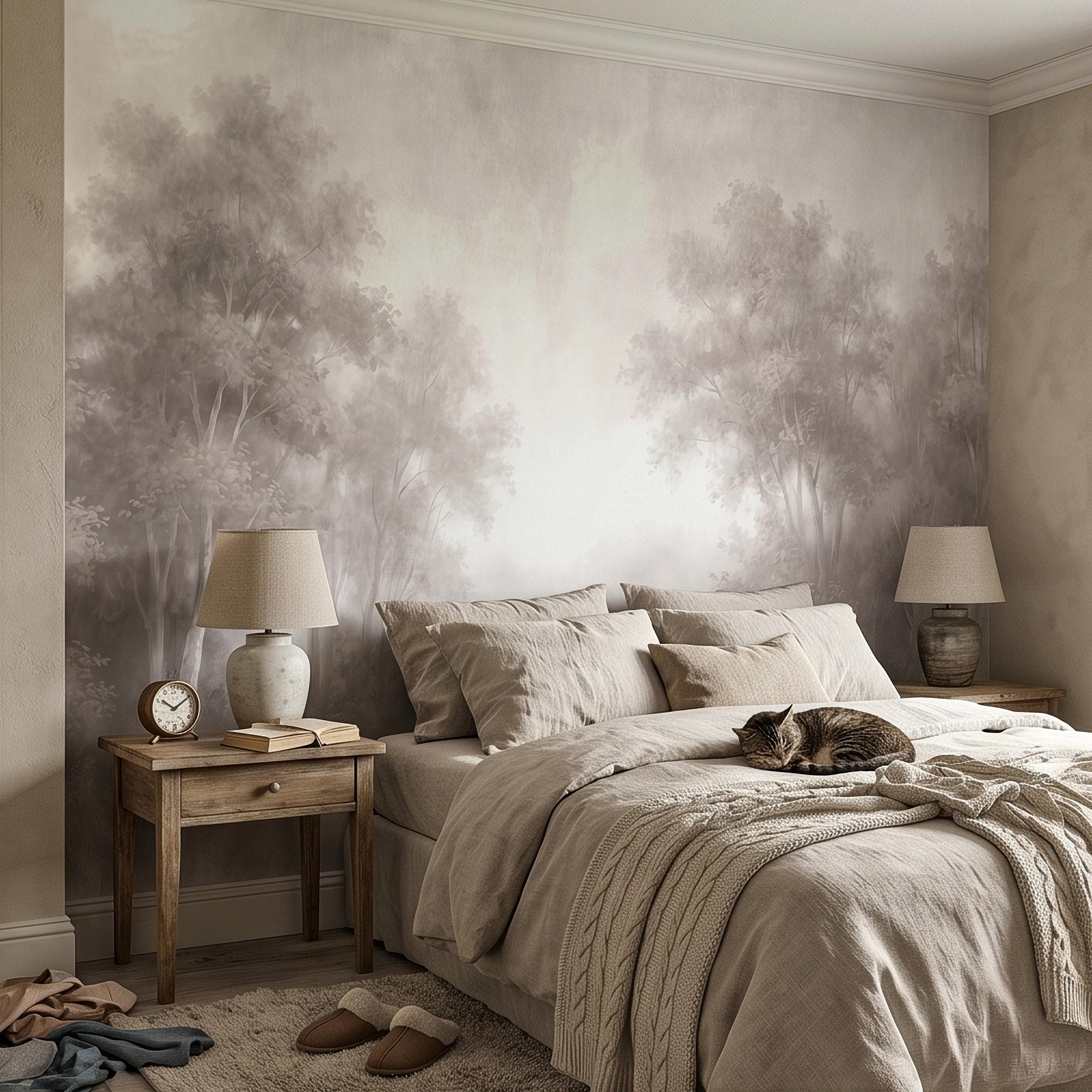 Misty Forest Peel and Stick Wall Mural, Soft Neutral Foggy Trees Landscape, Minimal Scandinavian Woodland, Calm Monochrome Wallpaper