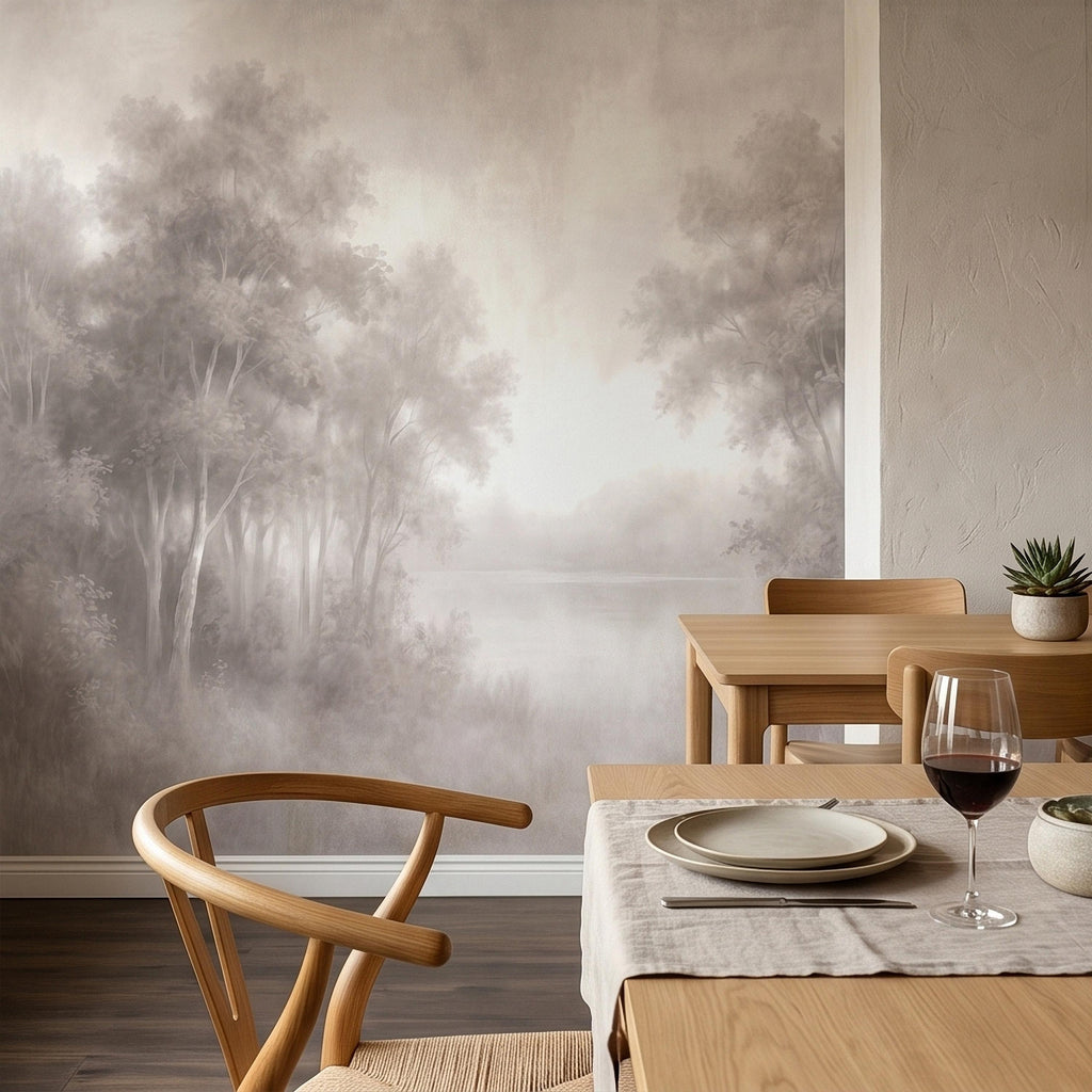 Misty Forest Peel and Stick Wall Mural, Soft Neutral Foggy Trees Landscape, Minimal Scandinavian Woodland, Calm Monochrome Wallpaper