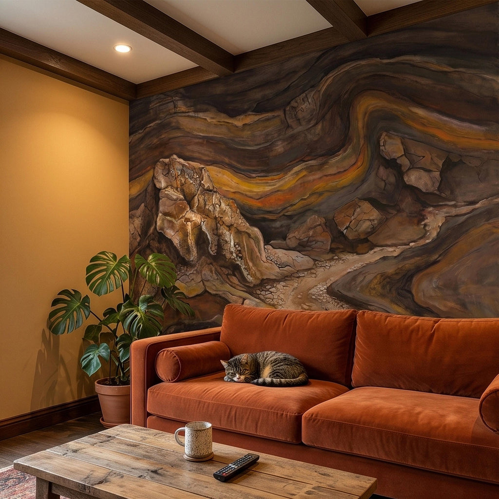 Abstract Canyon Rock Peel and Stick Wall Mural, Earth Tone Desert Landscape with Geologic Strata, Rustic Wabi Sabi Textured Wallpaper