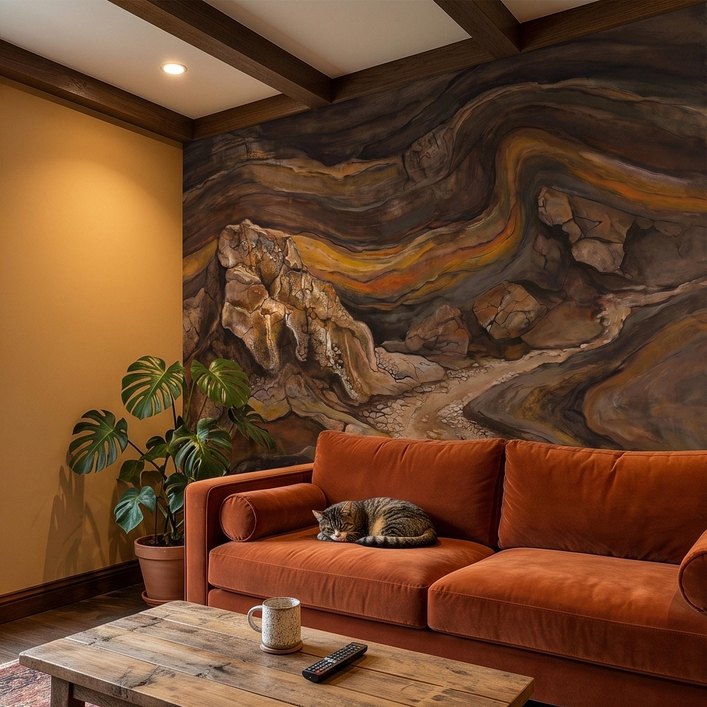Abstract Canyon Rock Peel and Stick Wall Mural, Earth Tone Desert Landscape with Geologic Strata, Rustic Wabi Sabi Textured Wallpaper