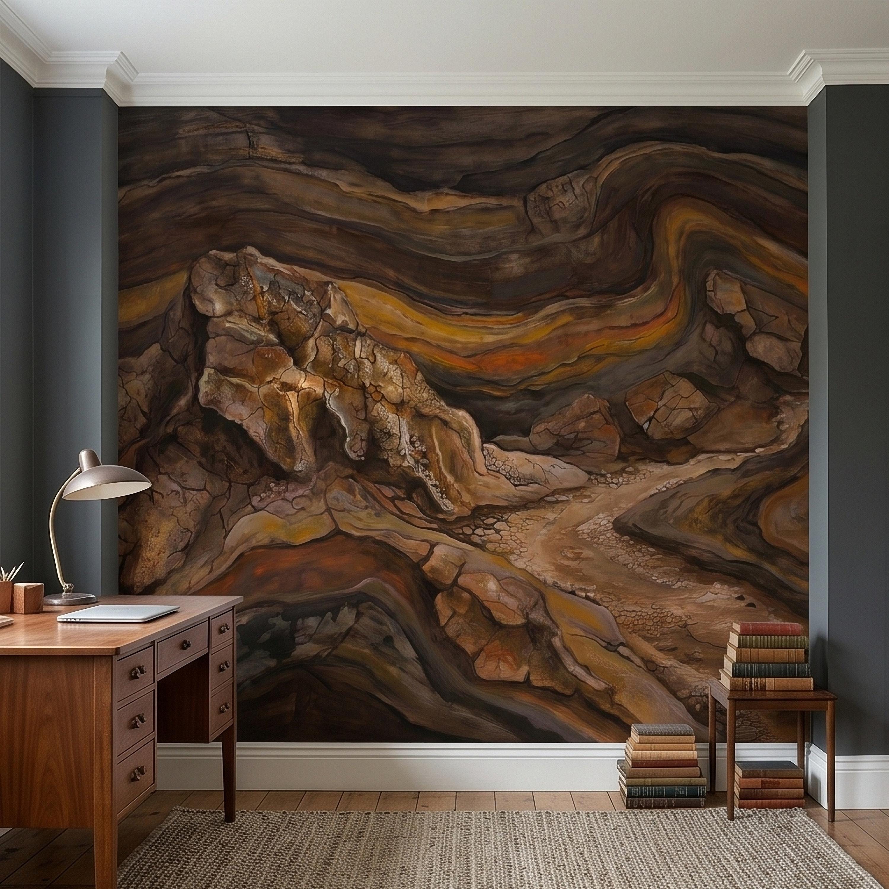 Abstract Canyon Rock Peel and Stick Wall Mural, Earth Tone Desert Landscape with Geologic Strata, Rustic Wabi Sabi Textured Wallpaper