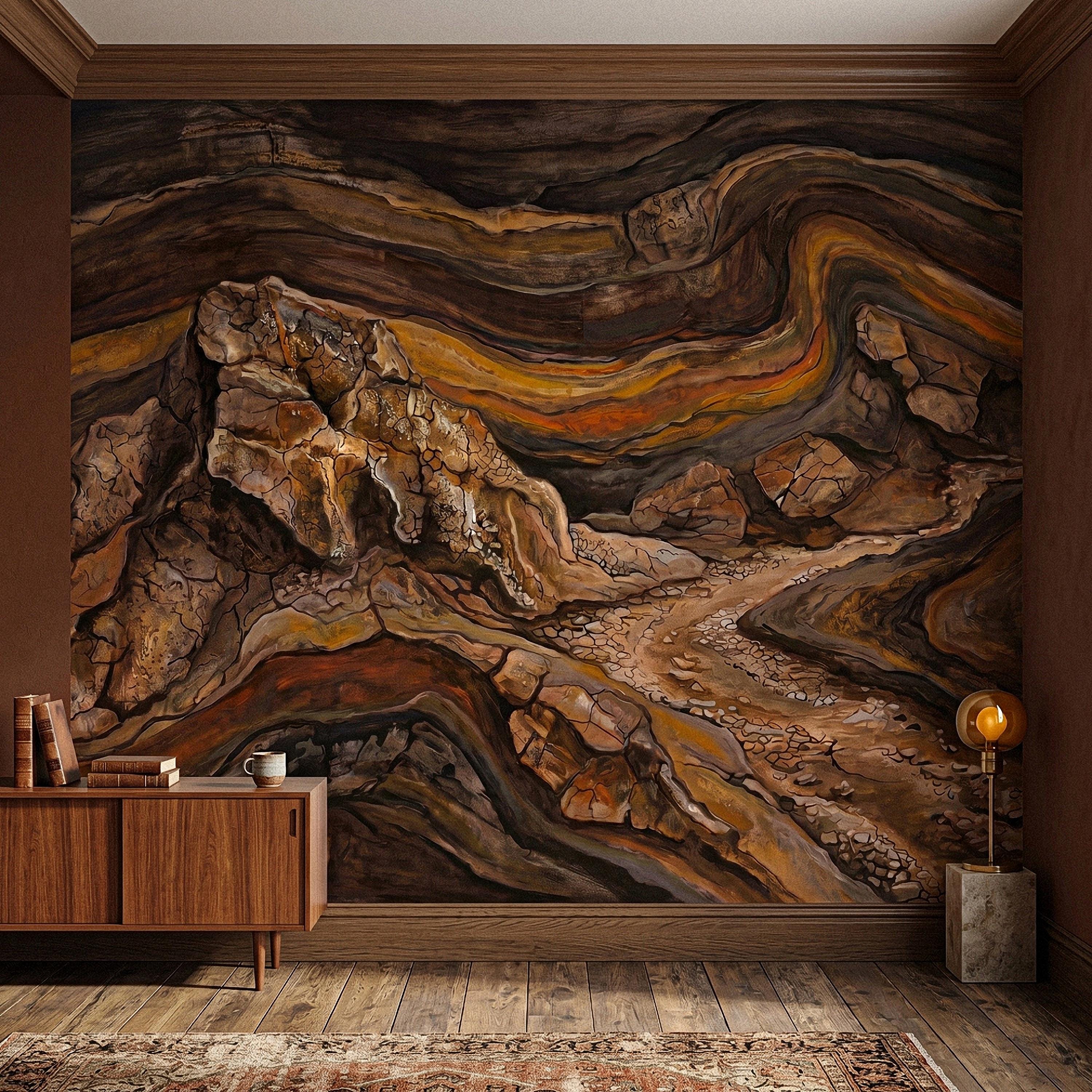 Abstract Canyon Rock Peel and Stick Wall Mural, Earth Tone Desert Landscape with Geologic Strata, Rustic Wabi Sabi Textured Wallpaper