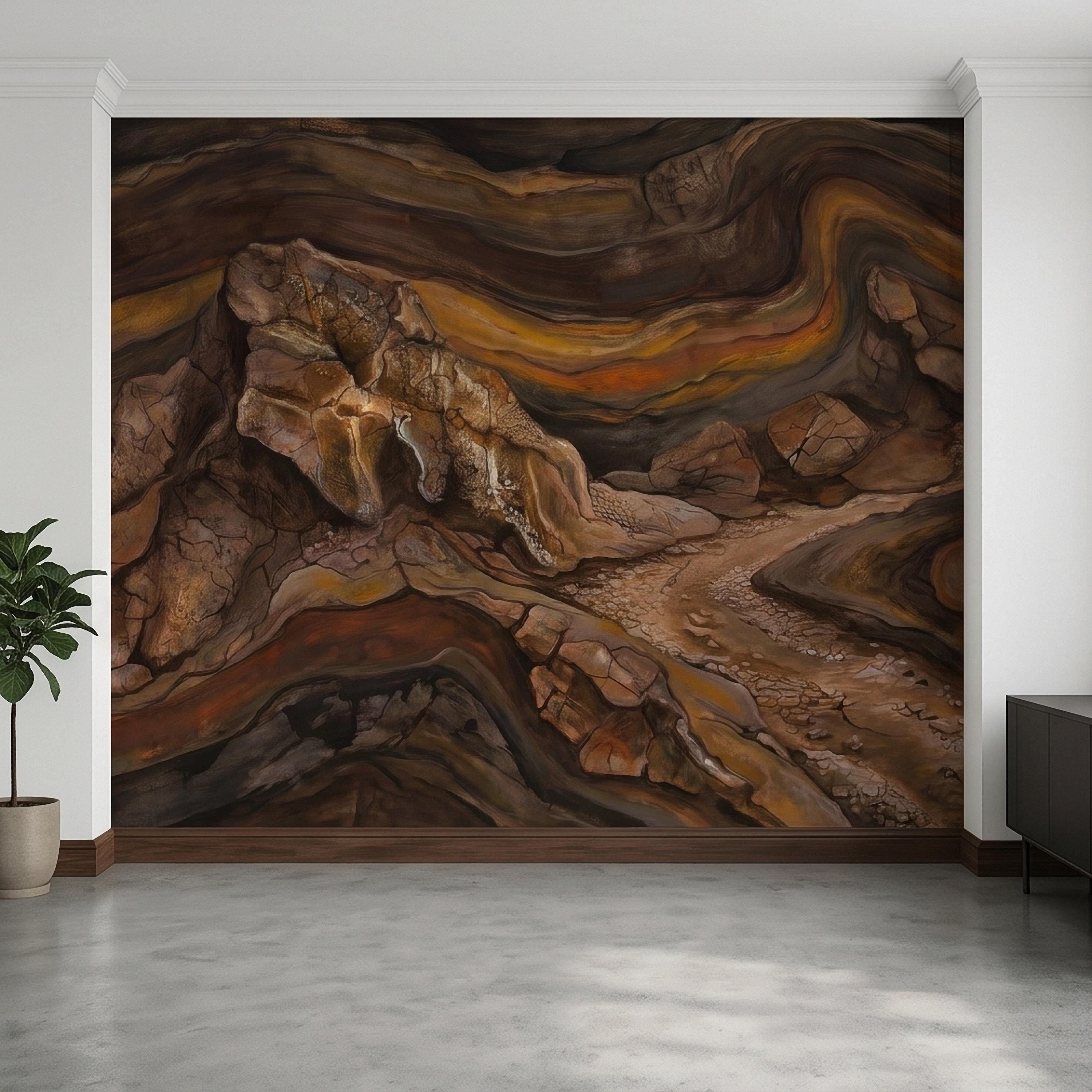 Abstract Canyon Rock Peel and Stick Wall Mural, Earth Tone Desert Landscape with Geologic Strata, Rustic Wabi Sabi Textured Wallpaper