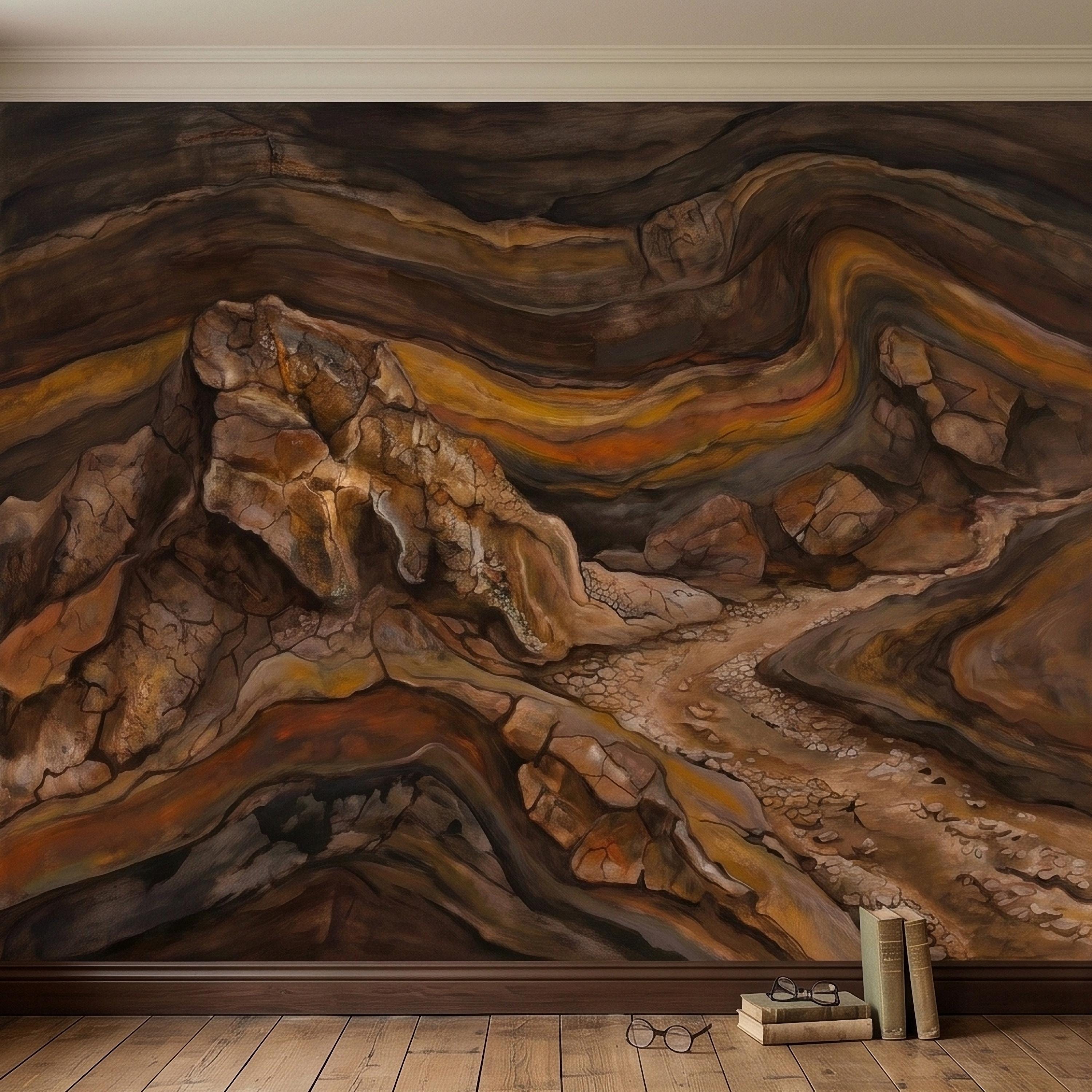 Abstract Canyon Rock Peel and Stick Wall Mural, Earth Tone Desert Landscape with Geologic Strata, Rustic Wabi Sabi Textured Wallpaper