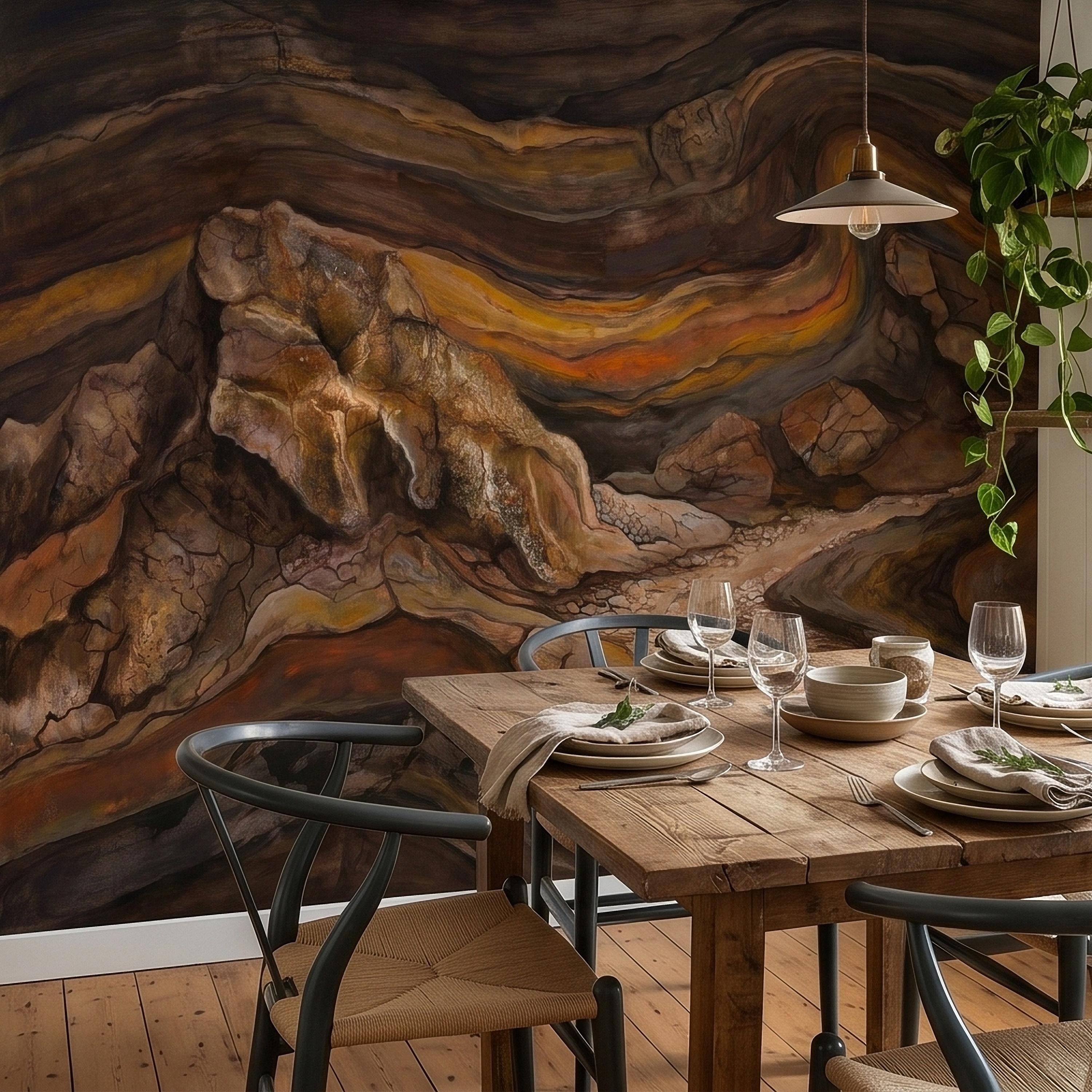 Abstract Canyon Rock Peel and Stick Wall Mural, Earth Tone Desert Landscape with Geologic Strata, Rustic Wabi Sabi Textured Wallpaper
