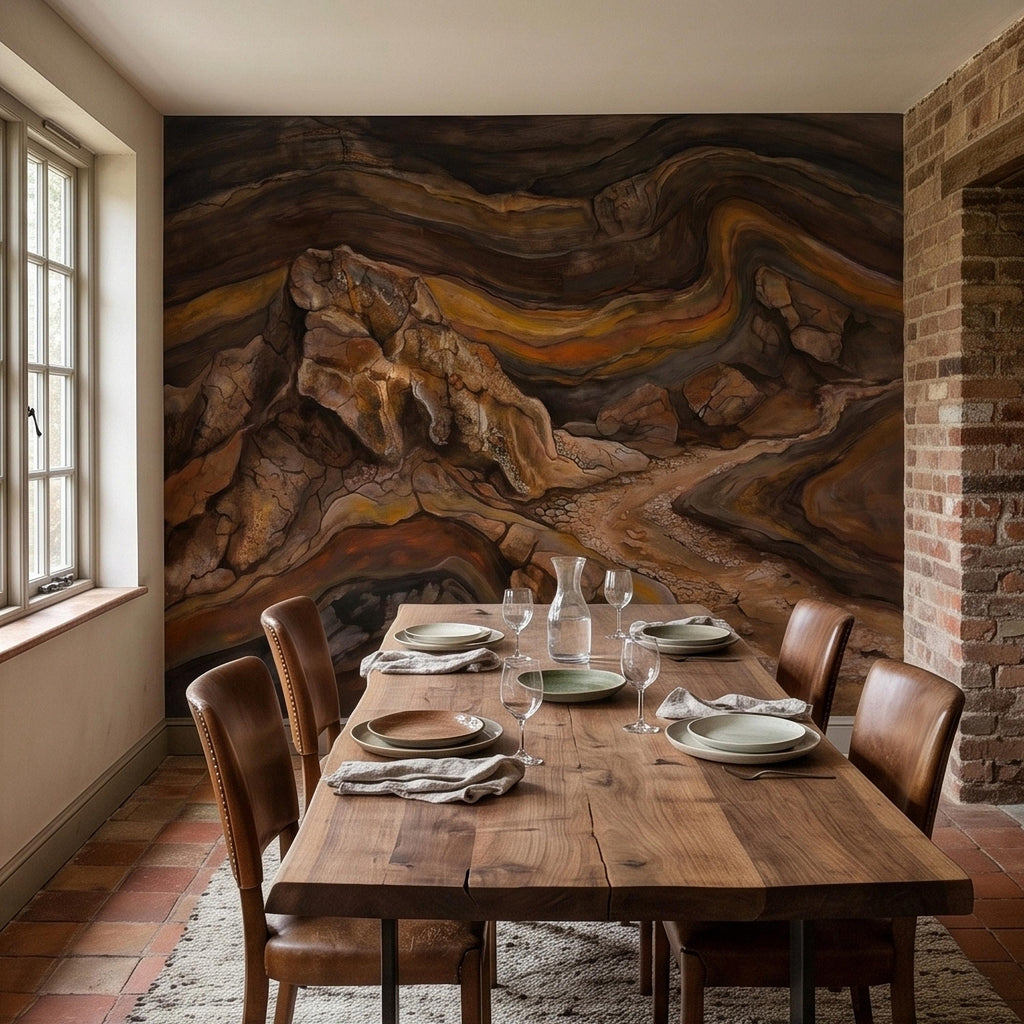 Abstract Canyon Rock Peel and Stick Wall Mural, Earth Tone Desert Landscape with Geologic Strata, Rustic Wabi Sabi Textured Wallpaper
