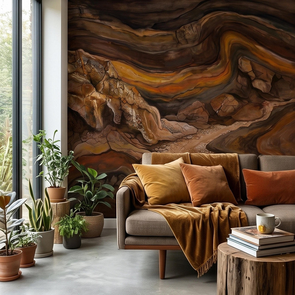 Abstract Canyon Rock Peel and Stick Wall Mural, Earth Tone Desert Landscape with Geologic Strata, Rustic Wabi Sabi Textured Wallpaper