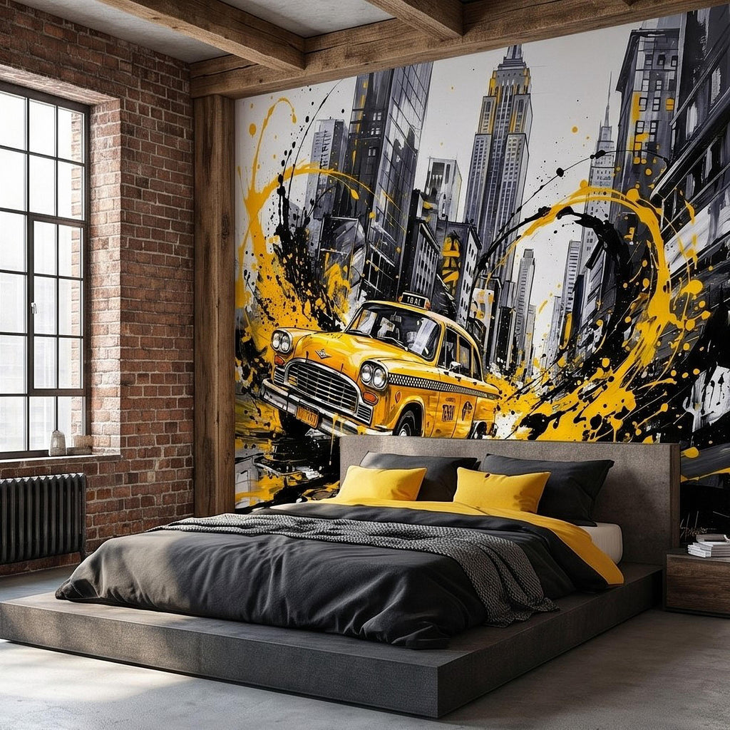 New York City Taxi Peel and Stick Wall Mural, Yellow Cab Manhattan Skyline, Black White Ink Splash Cityscape Street Style Graffiti Wallpaper