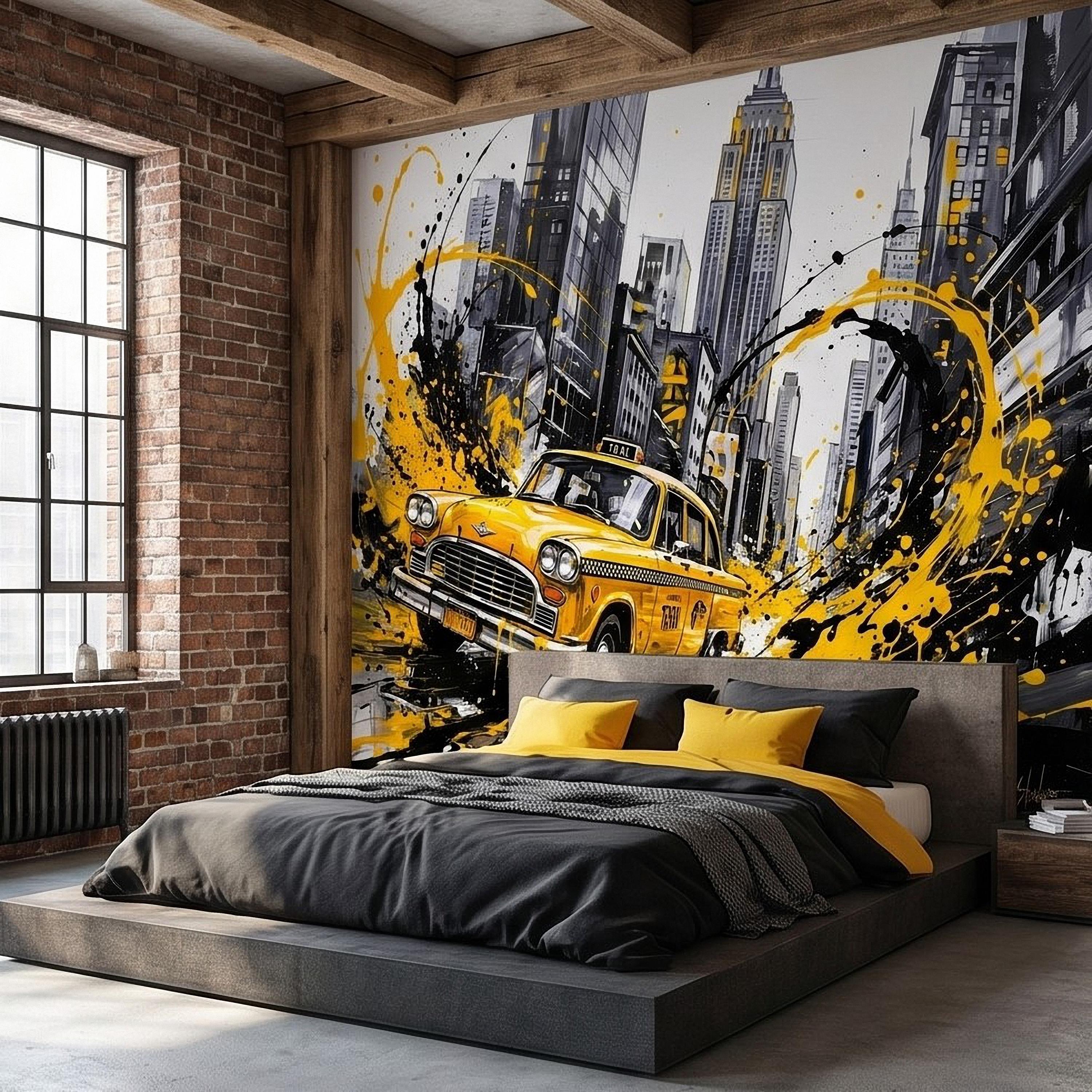 New York City Taxi Peel and Stick Wall Mural, Yellow Cab Manhattan Skyline, Black White Ink Splash Cityscape Street Style Graffiti Wallpaper