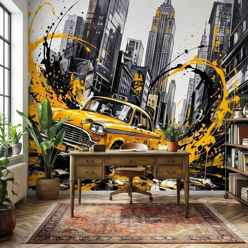 New York City Taxi Peel and Stick Wall Mural, Yellow Cab Manhattan Skyline, Black White Ink Splash Cityscape Street Style Graffiti Wallpaper