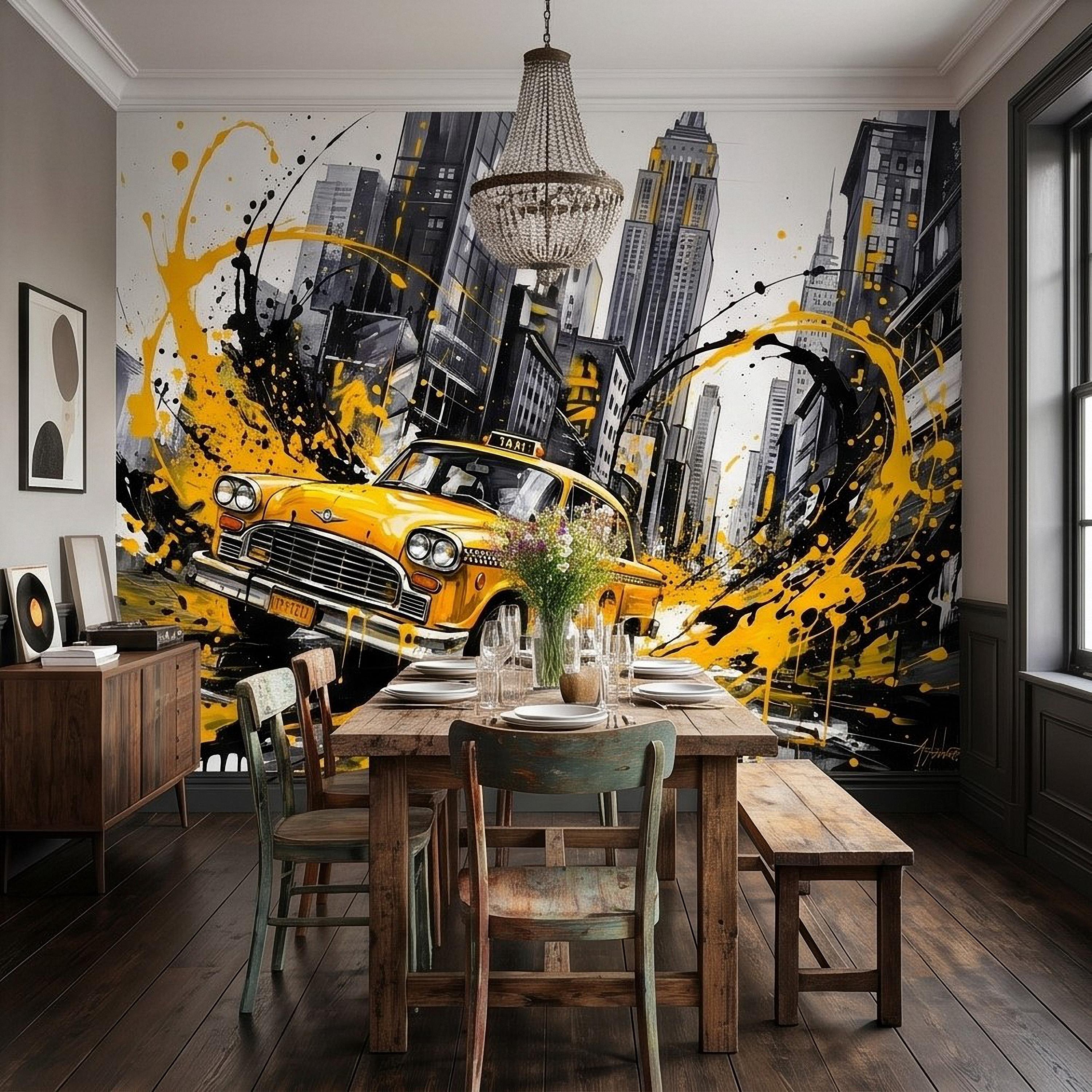 New York City Taxi Peel and Stick Wall Mural, Yellow Cab Manhattan Skyline, Black White Ink Splash Cityscape Street Style Graffiti Wallpaper
