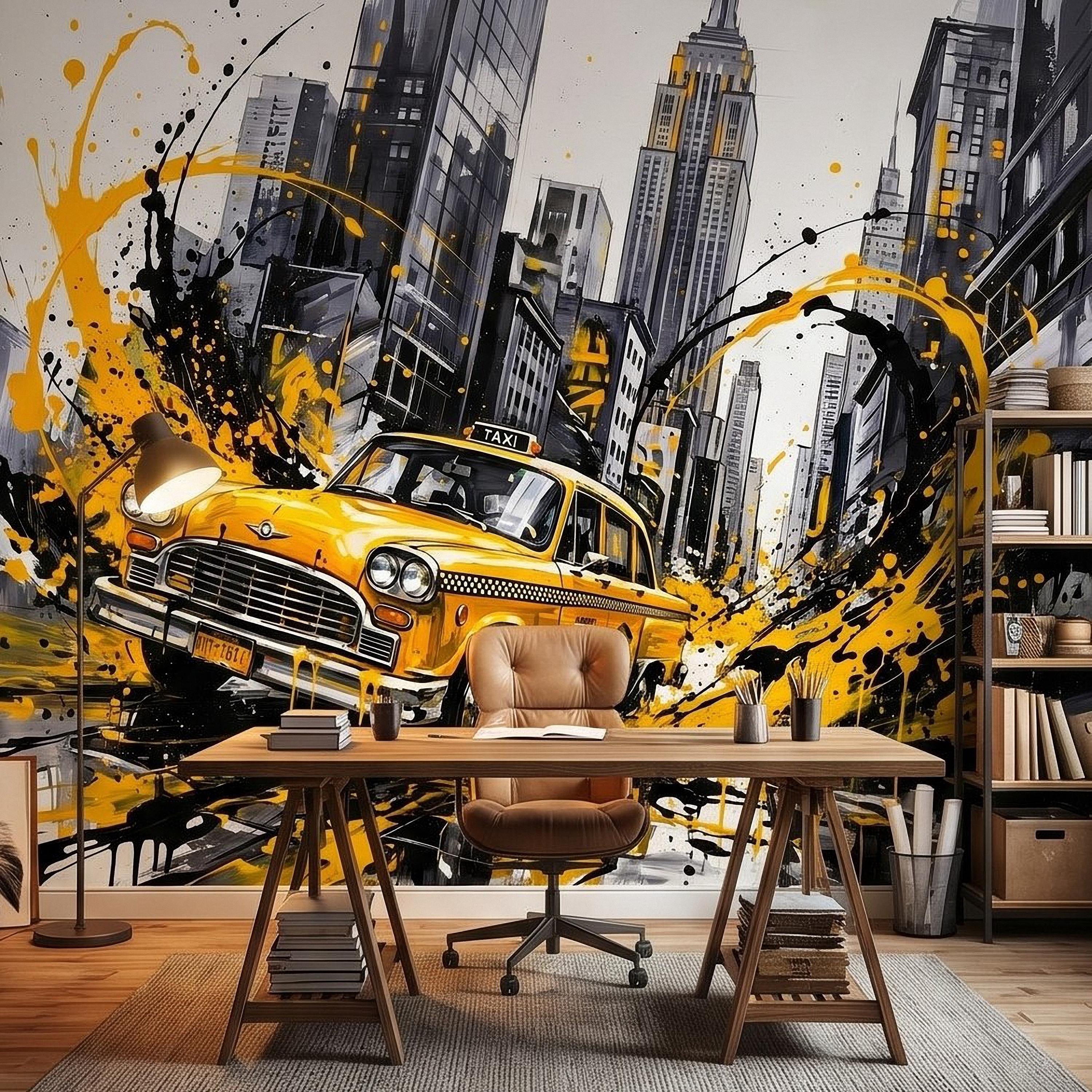 New York City Taxi Peel and Stick Wall Mural, Yellow Cab Manhattan Skyline, Black White Ink Splash Cityscape Street Style Graffiti Wallpaper