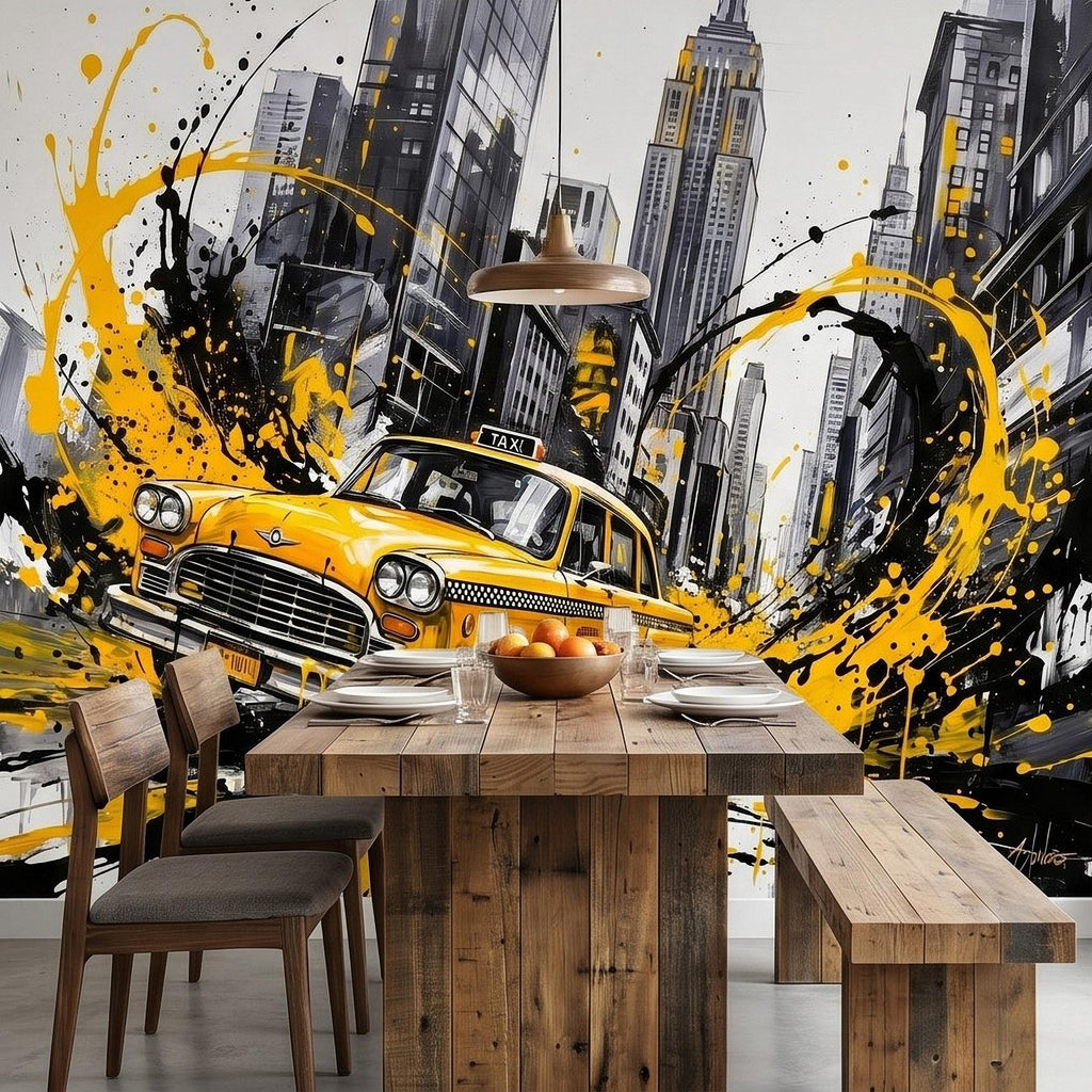 New York City Taxi Peel and Stick Wall Mural, Yellow Cab Manhattan Skyline, Black White Ink Splash Cityscape Street Style Graffiti Wallpaper