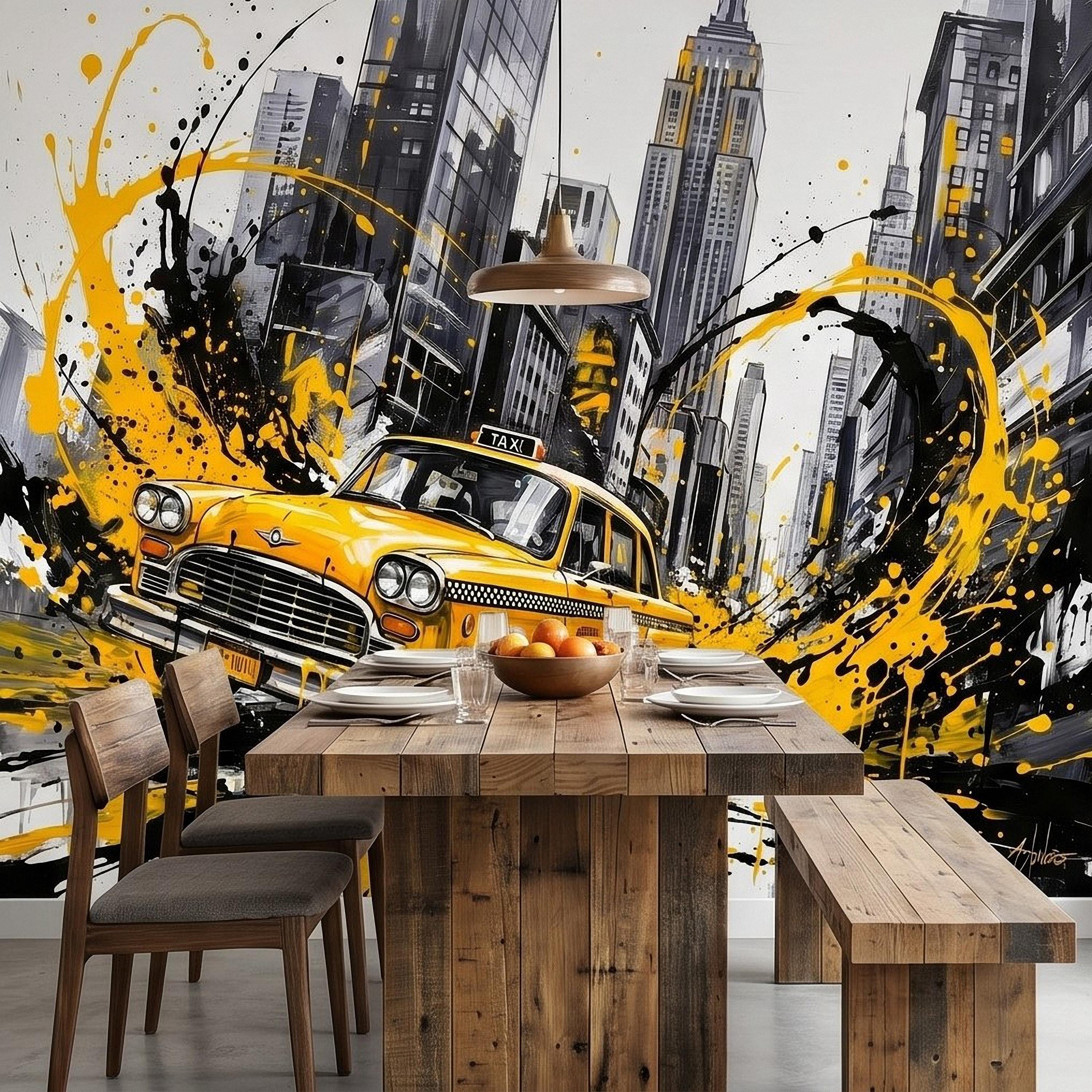 New York City Taxi Peel and Stick Wall Mural, Yellow Cab Manhattan Skyline, Black White Ink Splash Cityscape Street Style Graffiti Wallpaper
