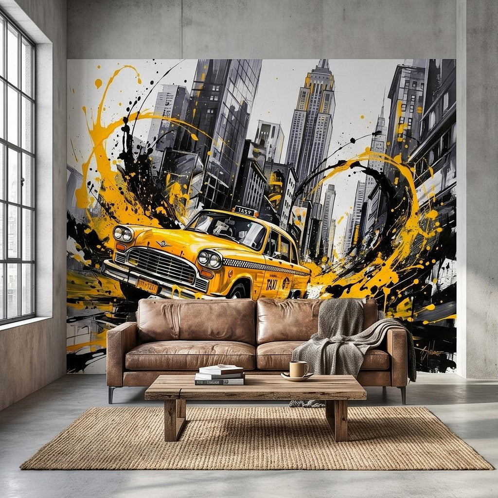 New York City Taxi Peel and Stick Wall Mural, Yellow Cab Manhattan Skyline, Black White Ink Splash Cityscape Street Style Graffiti Wallpaper