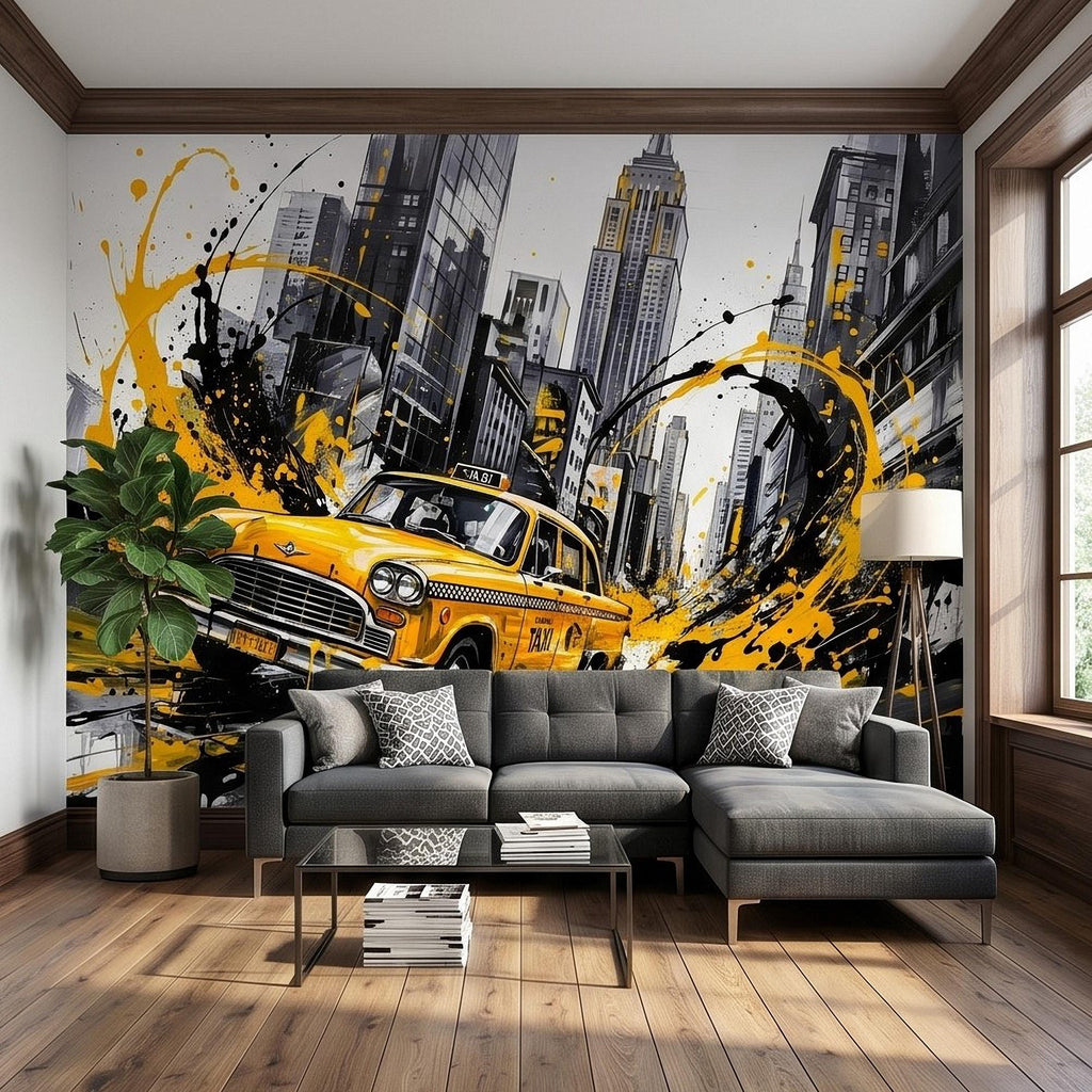 New York City Taxi Peel and Stick Wall Mural, Yellow Cab Manhattan Skyline, Black White Ink Splash Cityscape Street Style Graffiti Wallpaper