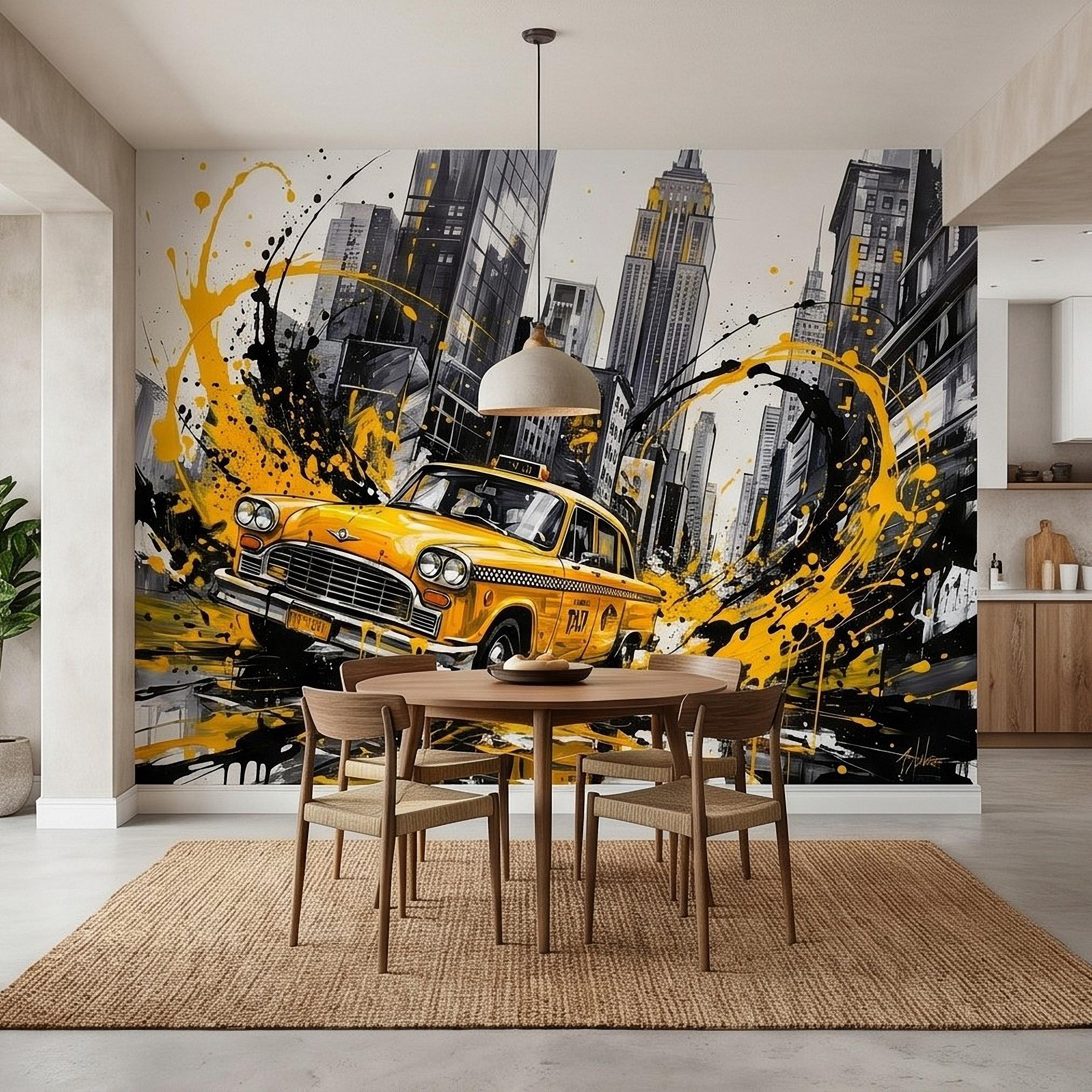New York City Taxi Peel and Stick Wall Mural, Yellow Cab Manhattan Skyline, Black White Ink Splash Cityscape Street Style Graffiti Wallpaper