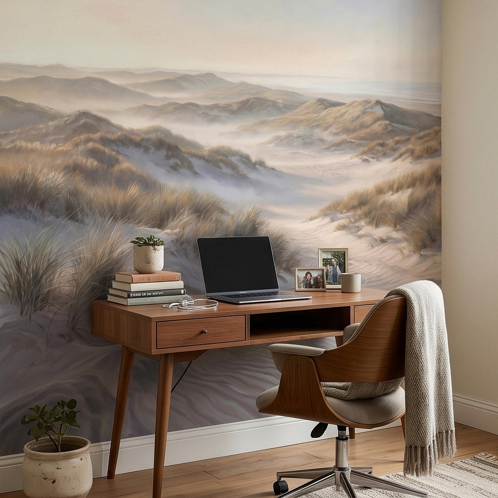Coastal Sand Dunes Peel and Stick Wall Mural, Soft Neutral Beach Landscape with Sea Grass and Misty Horizon, Calm Minimal Wallpaper