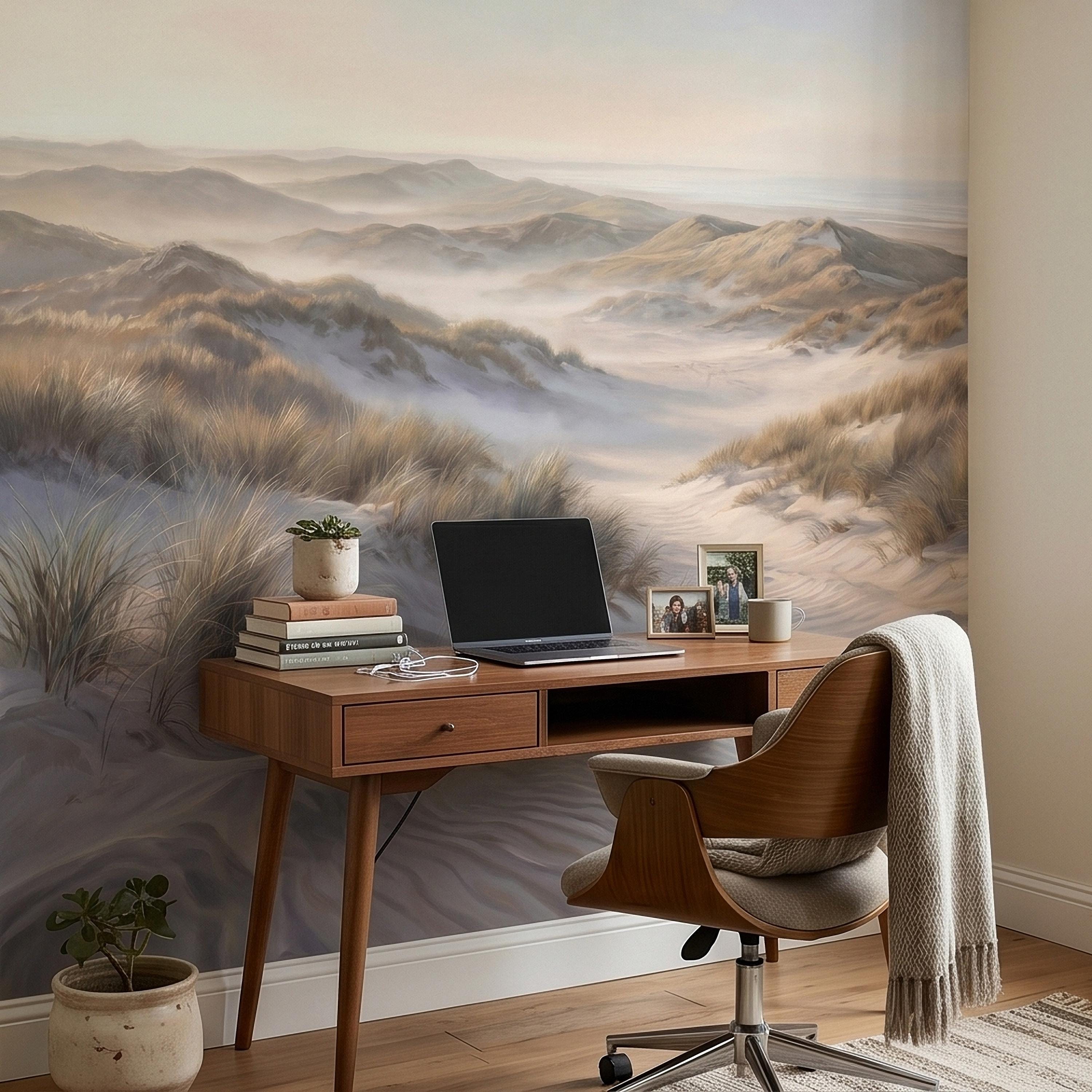 Coastal Sand Dunes Peel and Stick Wall Mural, Soft Neutral Beach Landscape with Sea Grass and Misty Horizon, Calm Minimal Wallpaper