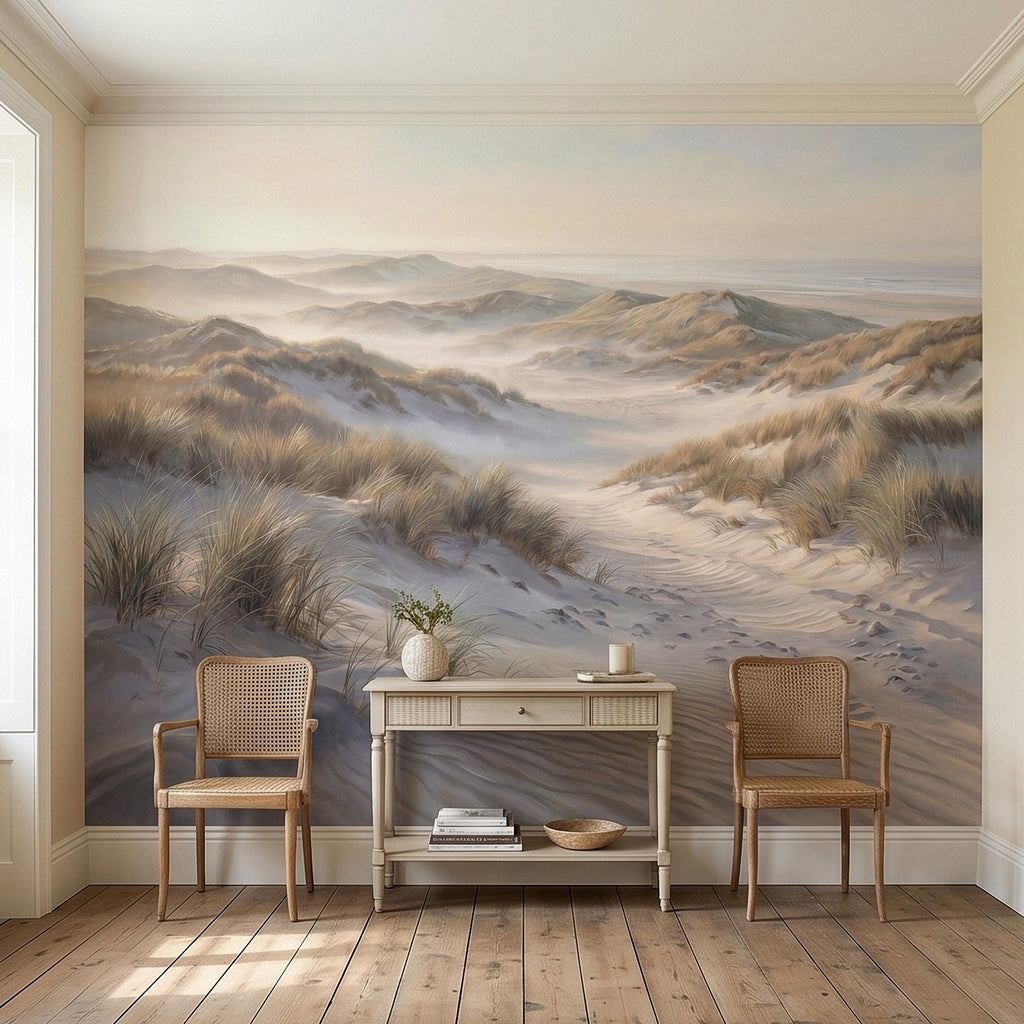 Coastal Sand Dunes Peel and Stick Wall Mural, Soft Neutral Beach Landscape with Sea Grass and Misty Horizon, Calm Minimal Wallpaper