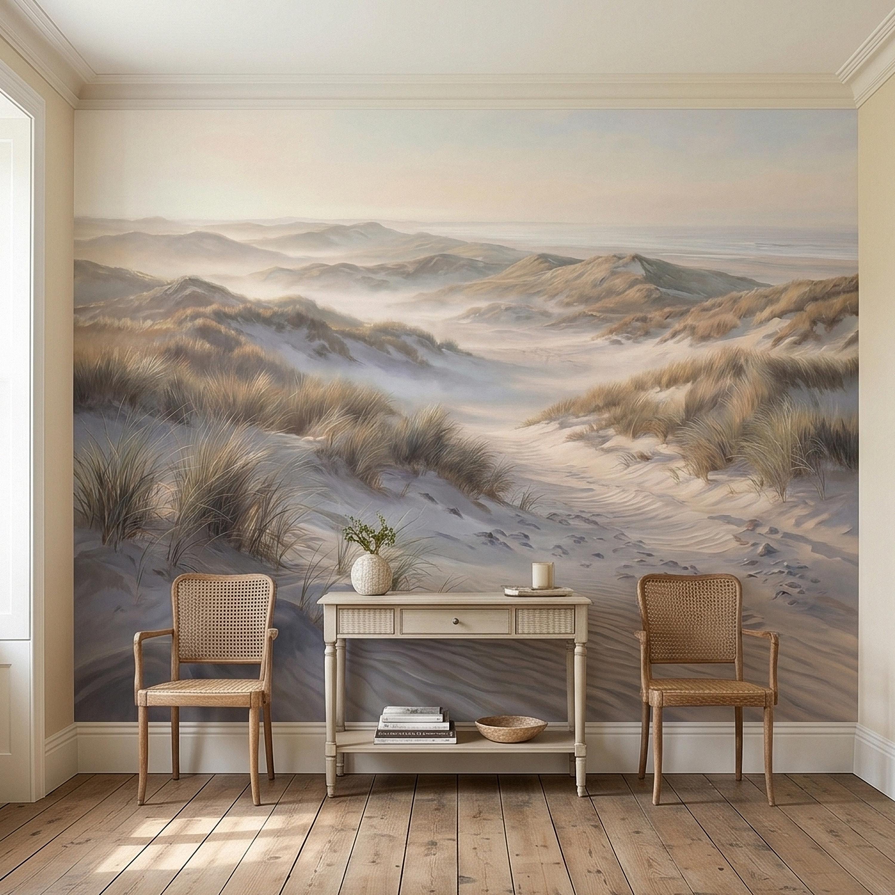 Coastal Sand Dunes Peel and Stick Wall Mural, Soft Neutral Beach Landscape with Sea Grass and Misty Horizon, Calm Minimal Wallpaper