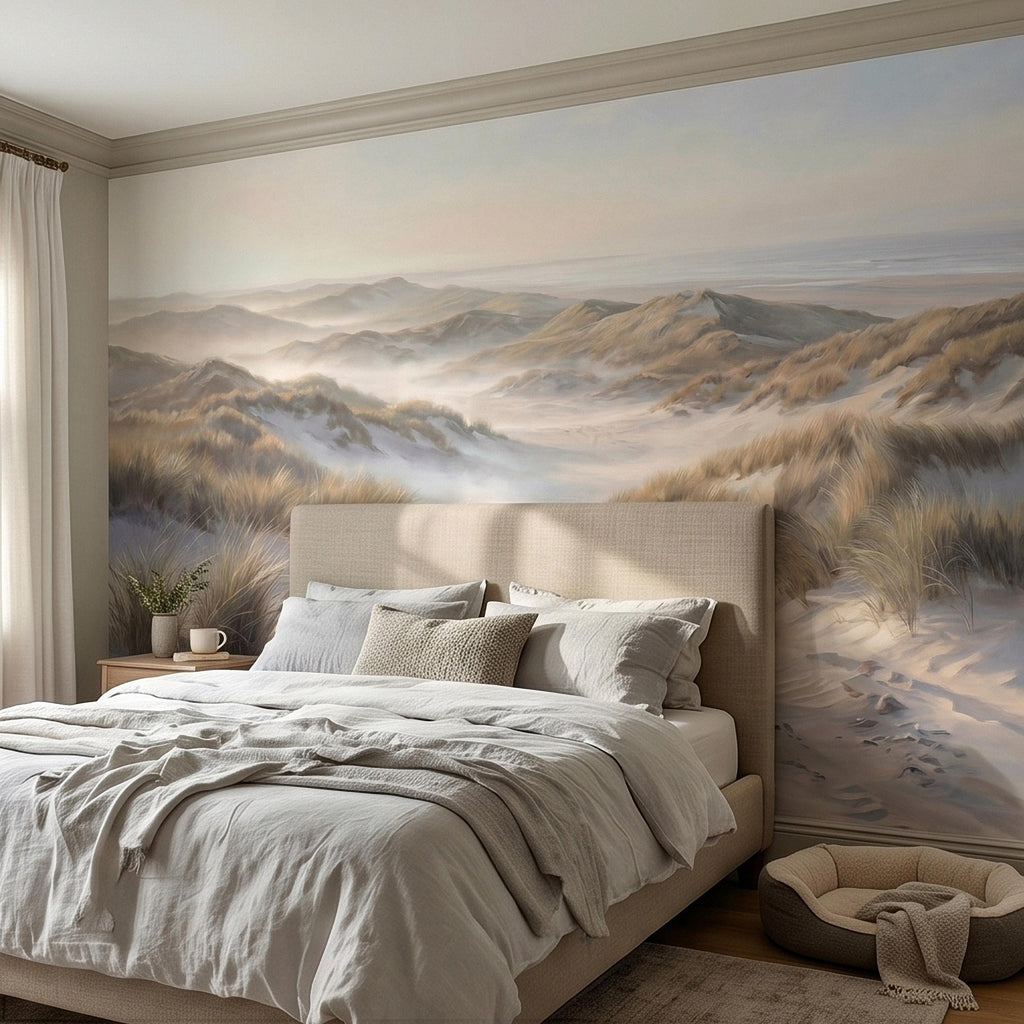 Coastal Sand Dunes Peel and Stick Wall Mural, Soft Neutral Beach Landscape with Sea Grass and Misty Horizon, Calm Minimal Wallpaper