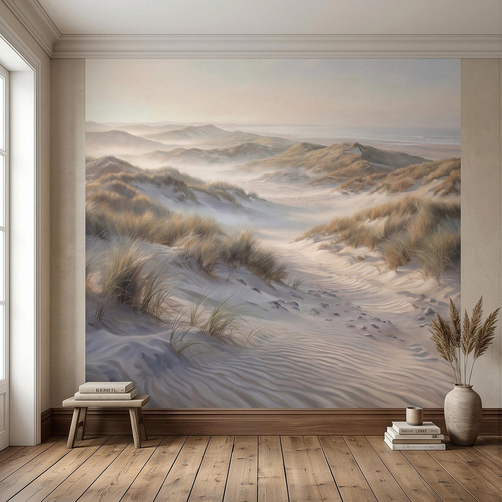Coastal Sand Dunes Peel and Stick Wall Mural, Soft Neutral Beach Landscape with Sea Grass and Misty Horizon, Calm Minimal Wallpaper