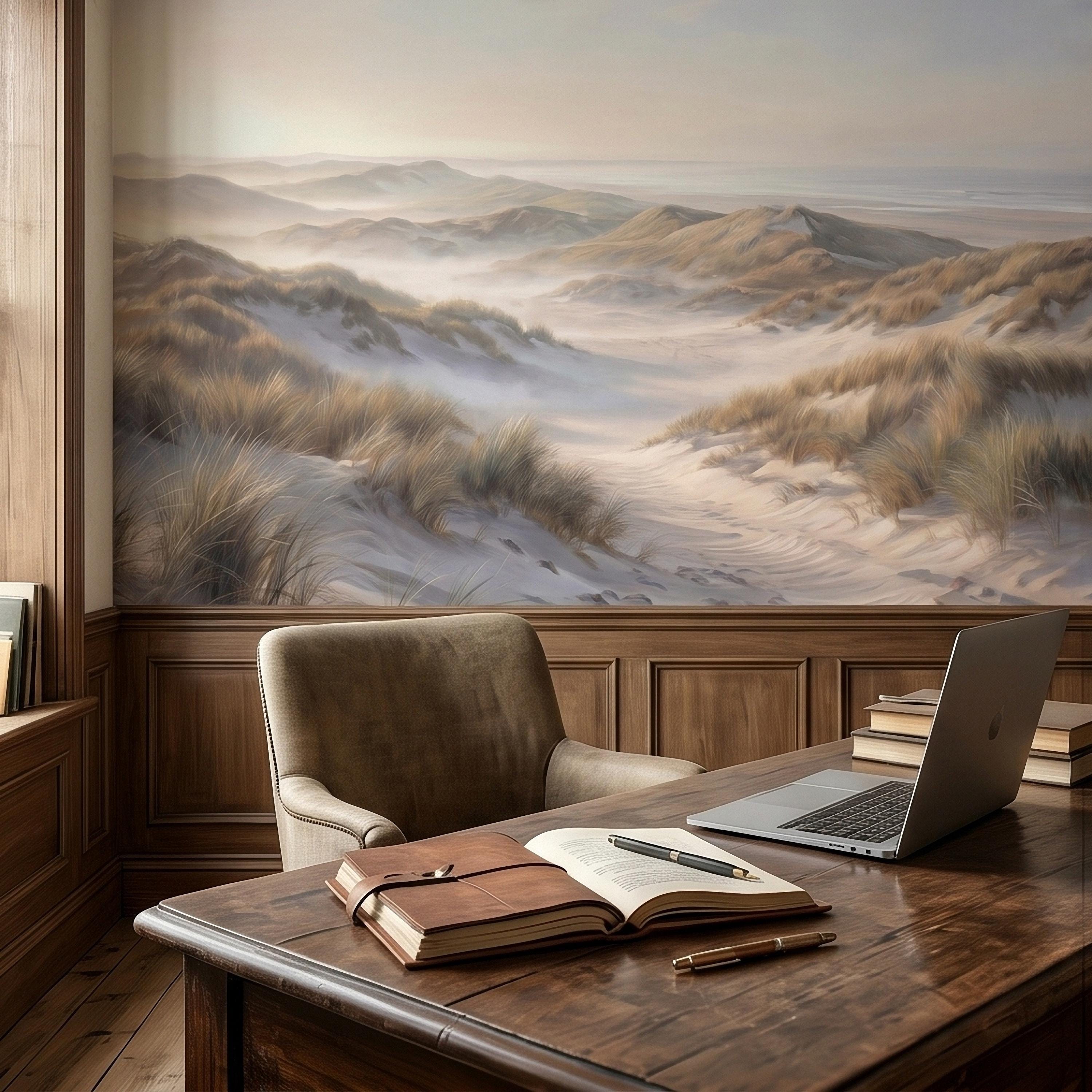 Coastal Sand Dunes Peel and Stick Wall Mural, Soft Neutral Beach Landscape with Sea Grass and Misty Horizon, Calm Minimal Wallpaper