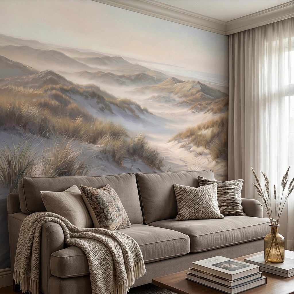 Coastal Sand Dunes Peel and Stick Wall Mural, Soft Neutral Beach Landscape with Sea Grass and Misty Horizon, Calm Minimal Wallpaper