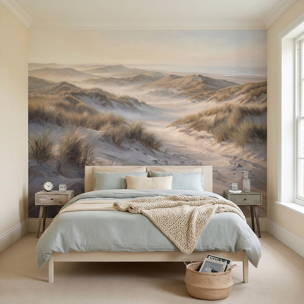 Coastal Sand Dunes Peel and Stick Wall Mural, Soft Neutral Beach Landscape with Sea Grass and Misty Horizon, Calm Minimal Wallpaper