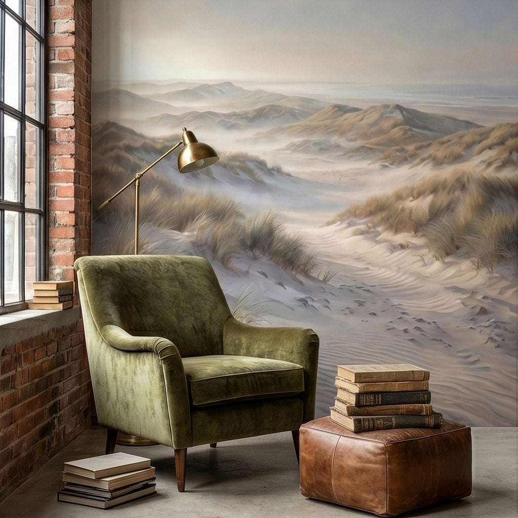 Coastal Sand Dunes Peel and Stick Wall Mural, Soft Neutral Beach Landscape with Sea Grass and Misty Horizon, Calm Minimal Wallpaper