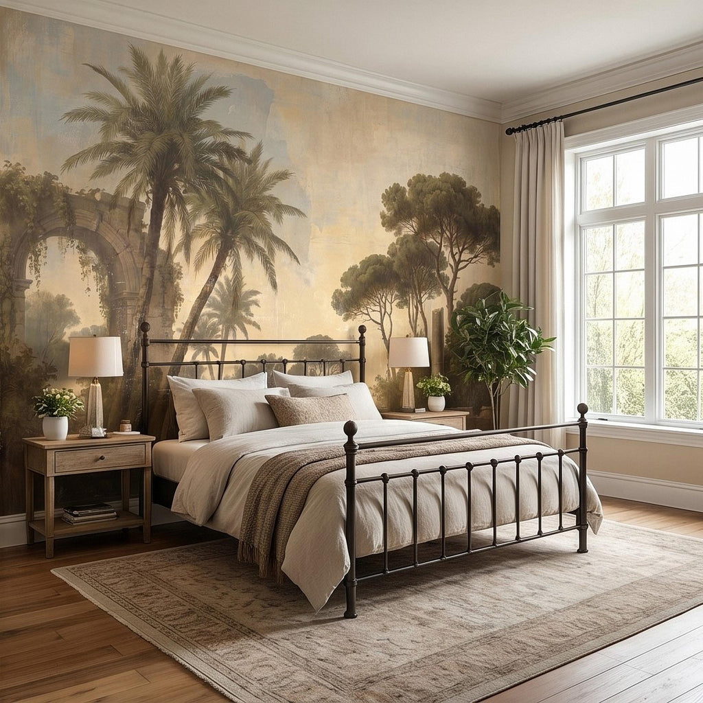 Vintage Mediterranean Landscape Peel and Stick Wall Mural, Palm Trees & Roman Ruins, Soft Sunset Garden Scene, Antique Fresco Wallpaper