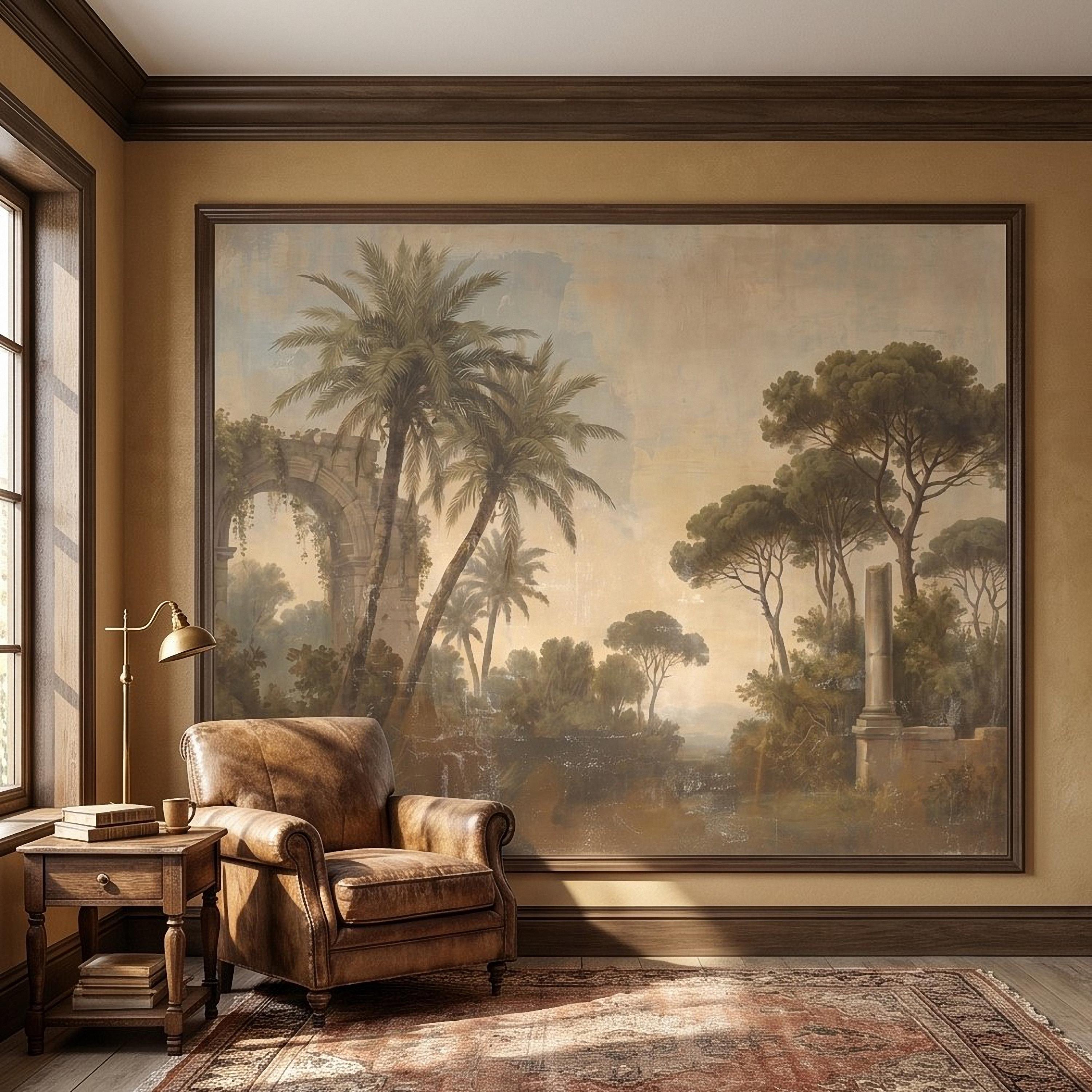Vintage Mediterranean Landscape Peel and Stick Wall Mural, Palm Trees & Roman Ruins, Soft Sunset Garden Scene, Antique Fresco Wallpaper