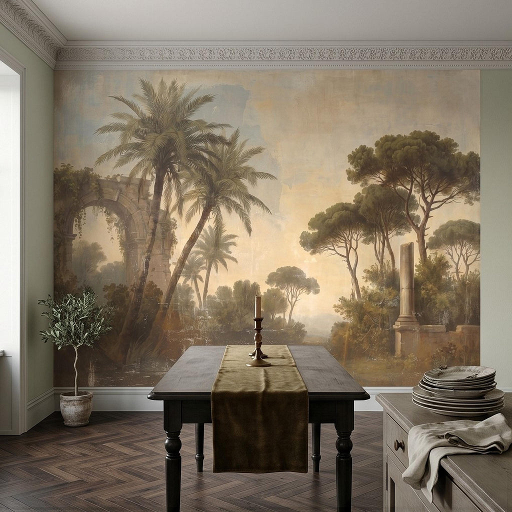 Vintage Mediterranean Landscape Peel and Stick Wall Mural, Palm Trees & Roman Ruins, Soft Sunset Garden Scene, Antique Fresco Wallpaper